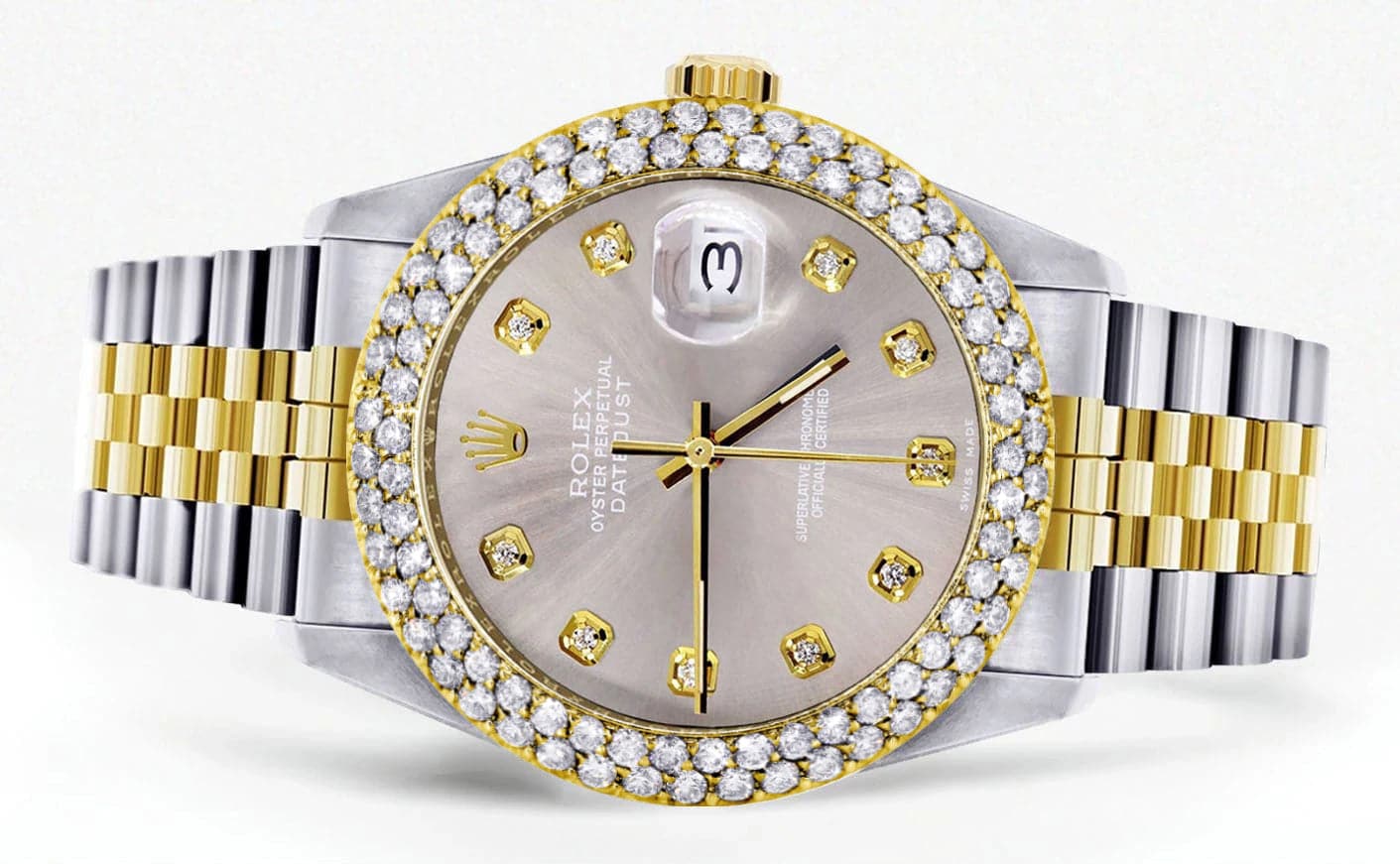 Diamond Gold Rolex Watch For Women 16233 | 36Mm | Custom Grey Dial | Two Row 4.25 Carat Bezel | Jubilee Band - Image 2