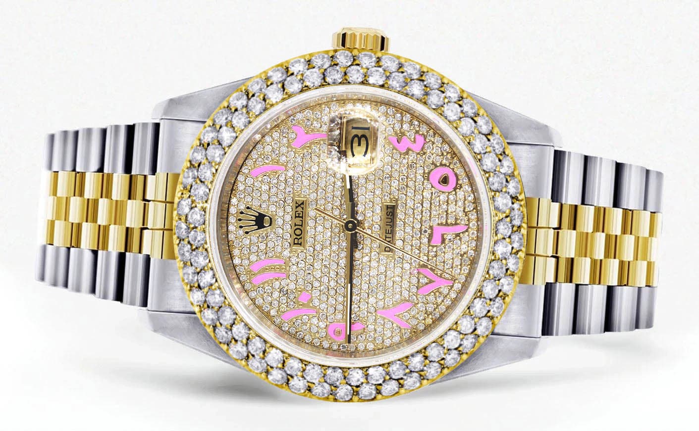 Diamond Gold Rolex Watch For Women 16233 | 36Mm | Diamond Pink Arabic Dial | Two Row 4.25 Carat Bezel | Jubilee Band - Image 2