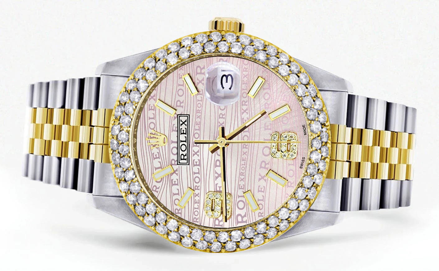 Diamond Gold Rolex Watch For Women 16233 | 36Mm | Pink Texture Dial | Two Row 4.25 Carat Bezel | Jubilee Band - Image 2