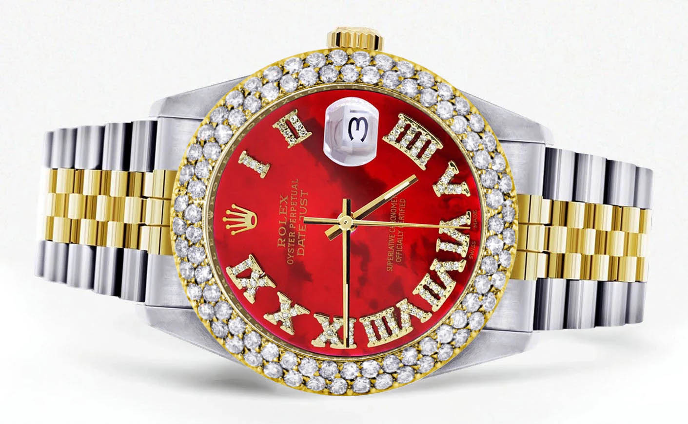 Diamond Gold Rolex Watch For Women 16233 | 36Mm | Red Mother of Pearl Roman Numeral Dial | Two Row 4.25 Carat Bezel | Jubilee Band - Image 2