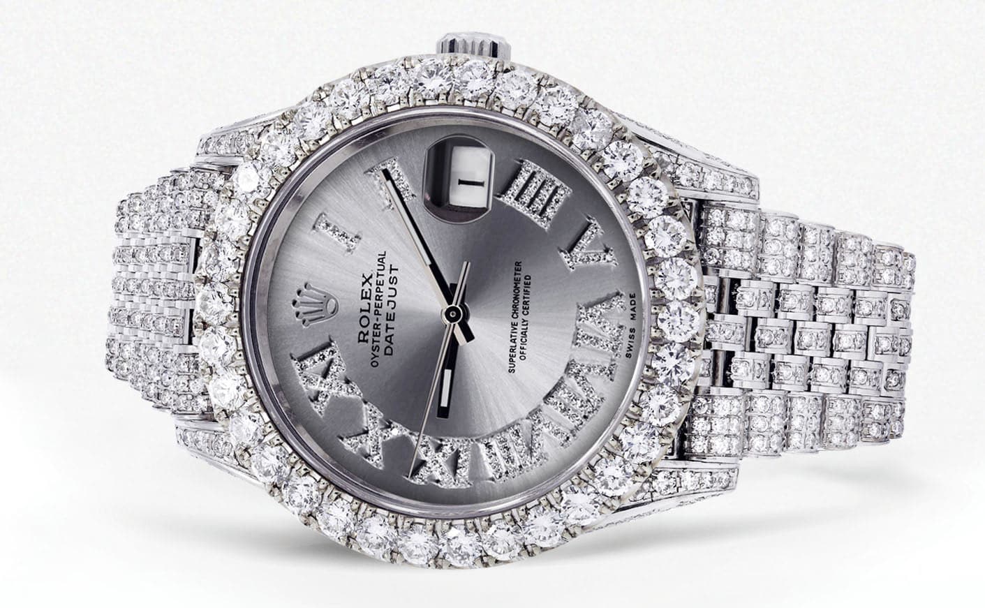 Diamond Iced Out Rolex Datejust 41 | 25 Carats Of Diamonds | Custom Silver Roman Diamond Dial | Jubilee Band - Image 2