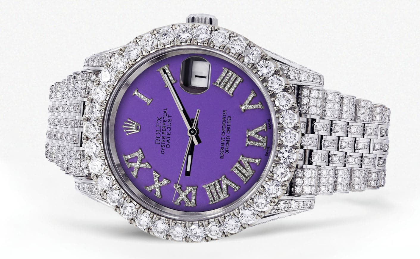Diamond Iced Out Rolex Datejust 41 | 25 Carats Of Diamonds | Custom Purple Roman Diamond Dial | Jubilee Band - Image 2