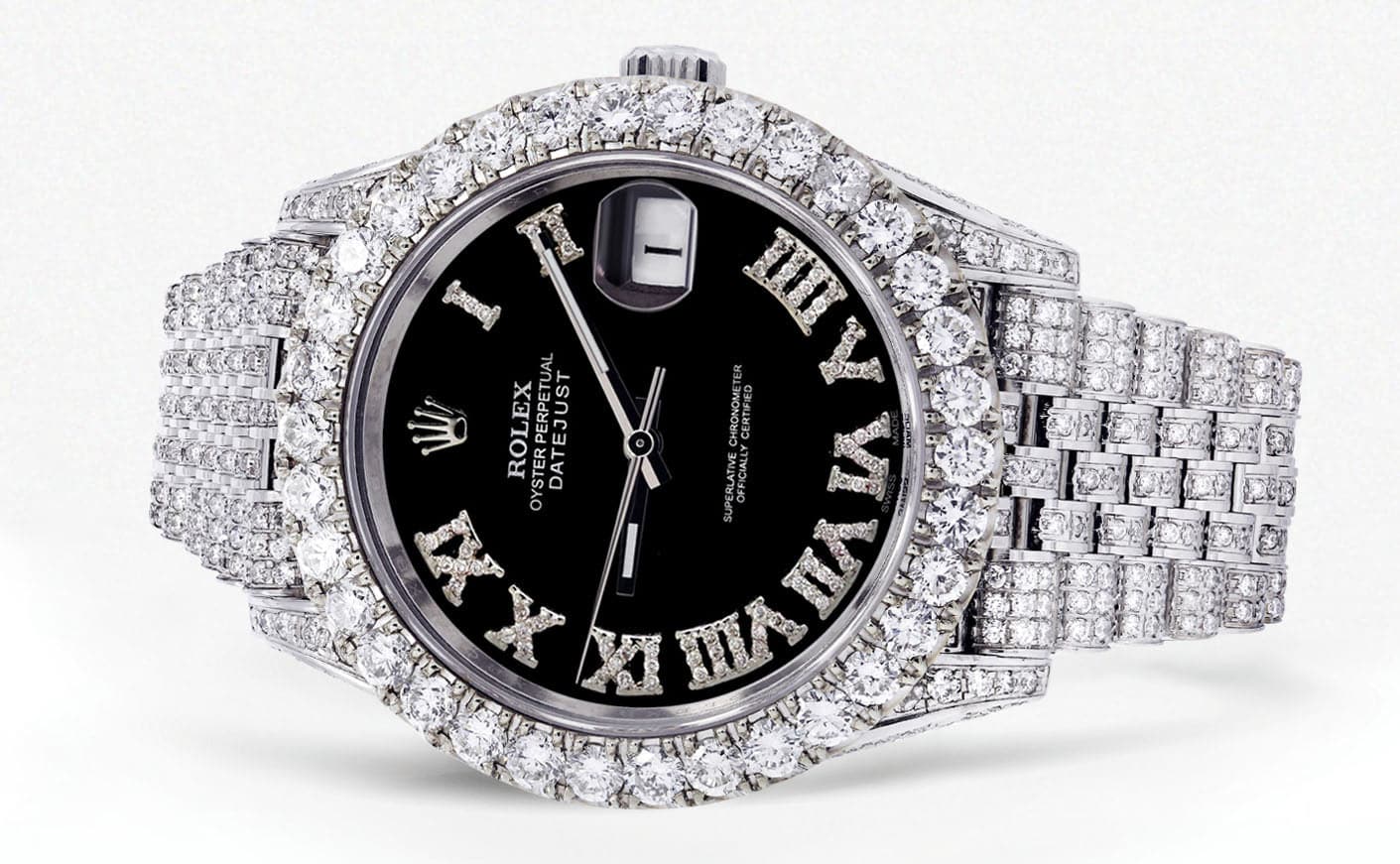 Diamond Iced Out Rolex Datejust 41 | 25 Carats Of Diamonds | Custom Black Roman Diamond Dial | Jubilee Band - Image 2