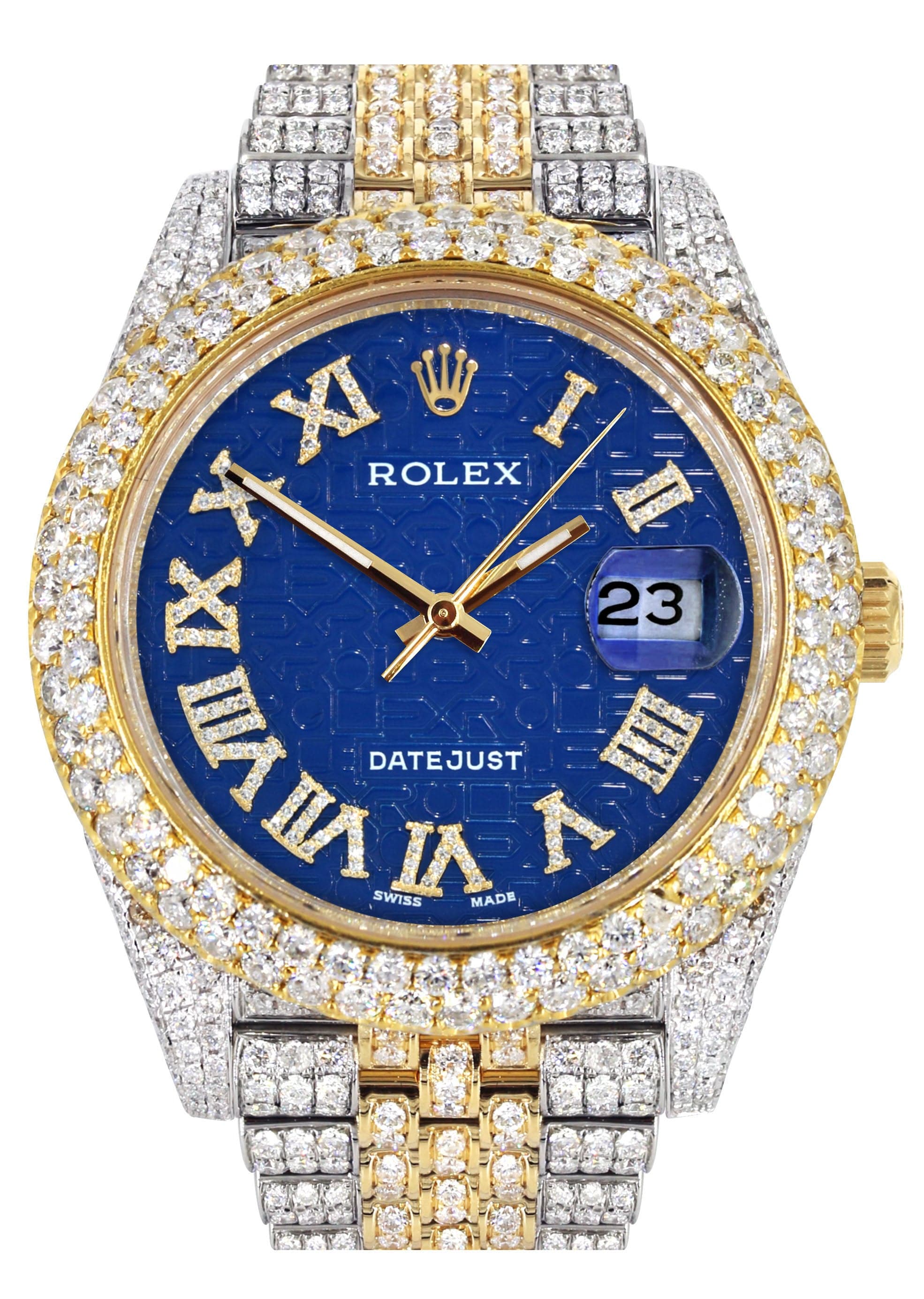 Diamond Iced Out Rolex Datejust 41 | 25 Carats Of Diamonds | Blue Text Pattern Dial | Two Tone | Two Row | Jubilee Band