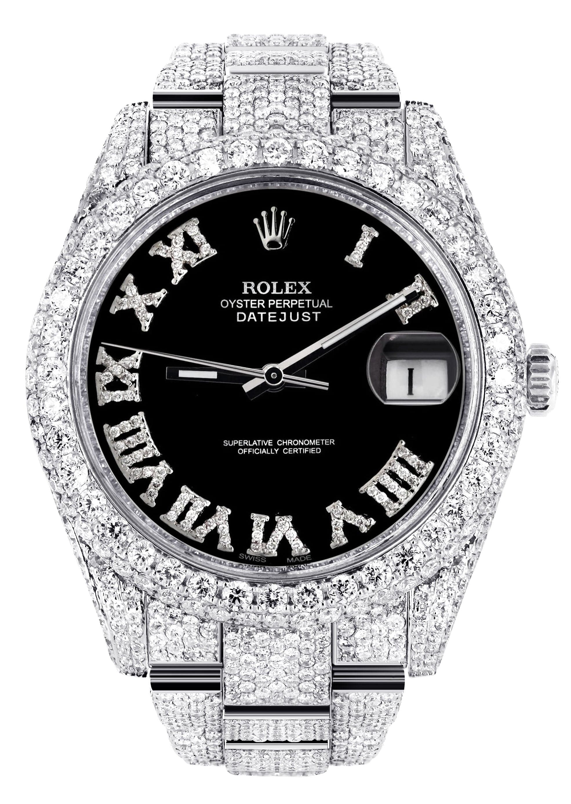 Diamond Iced Out Rolex Datejust 41 | 25 Carats Of Diamonds | Custom Black Roman Numeral Diamond Dial | Two Row | Oyster Band