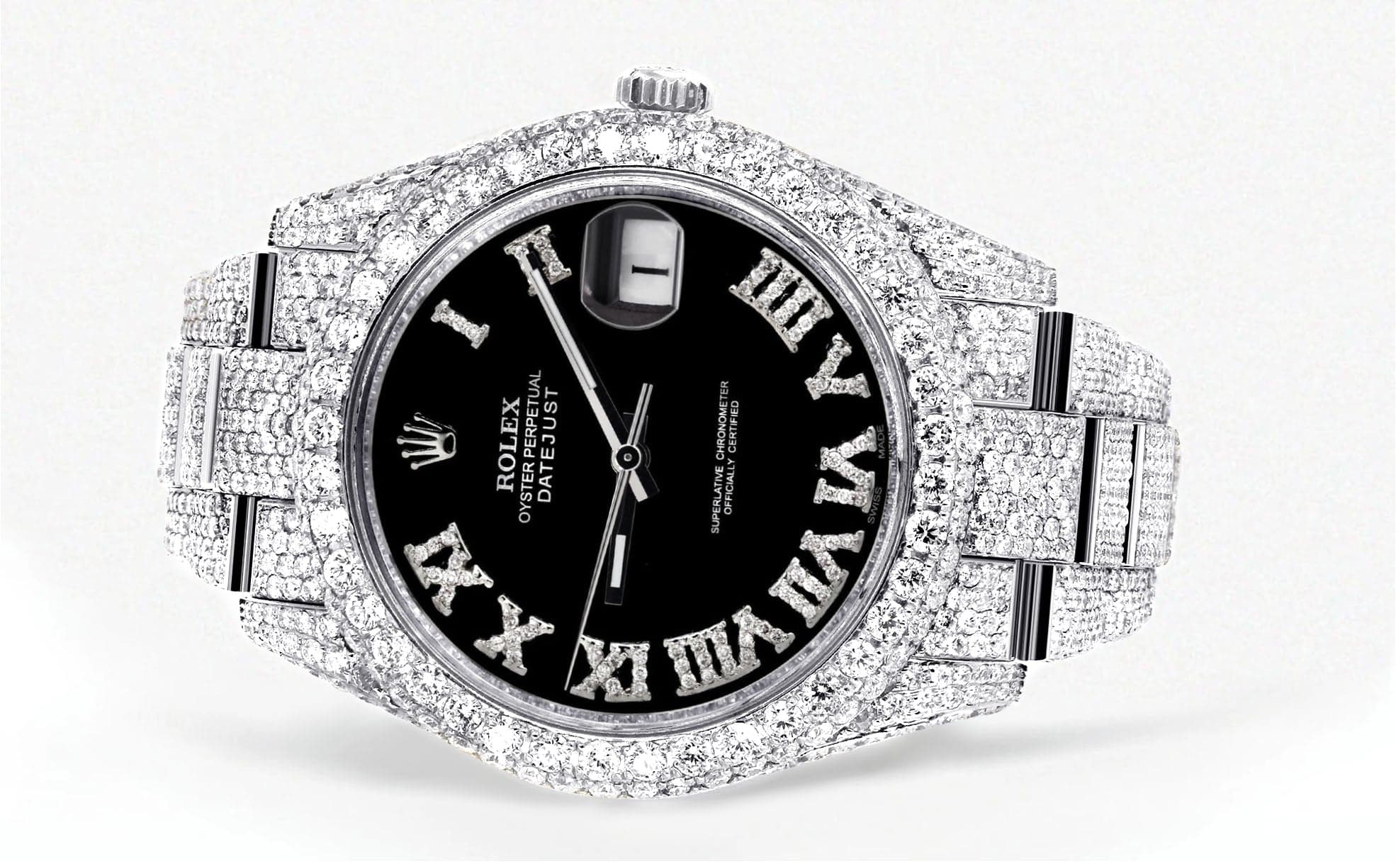 Diamond Iced Out Rolex Datejust 41 | 25 Carats Of Diamonds | Custom Black Roman Numeral Diamond Dial | Two Row | Oyster Band - Image 2