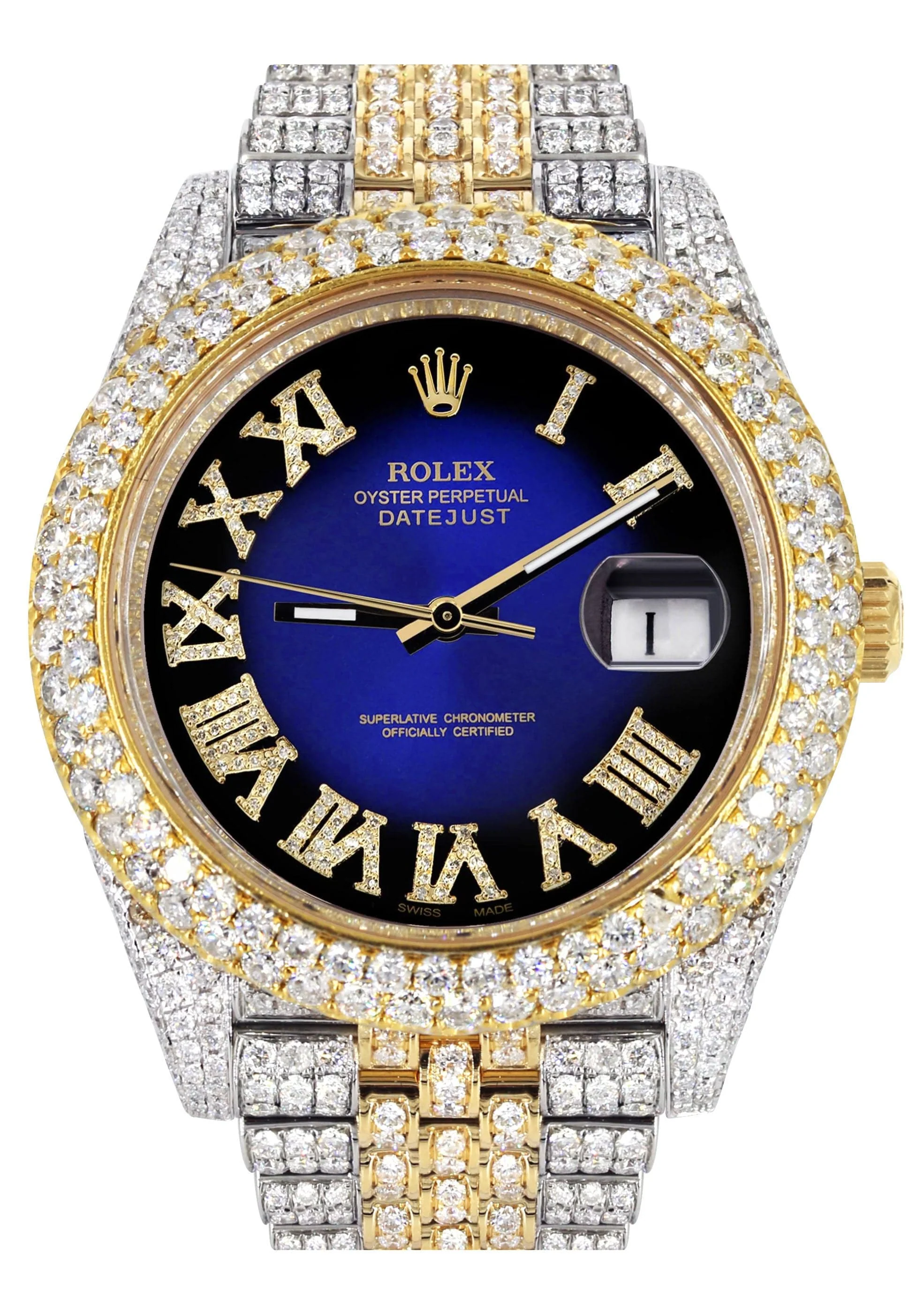 Diamond Iced Out Rolex Datejust 41 | 25 Carats Of Diamonds | Custom Blue Black Roman Numeral Diamond Dial | Two Tone | Two Row | Jubilee Band