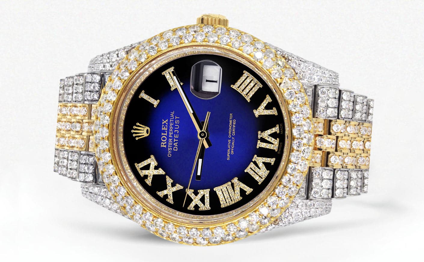 Diamond Iced Out Rolex Datejust 41 | 25 Carats Of Diamonds | Custom Blue Black Roman Numeral Diamond Dial | Two Tone | Two Row | Jubilee Band - Image 2