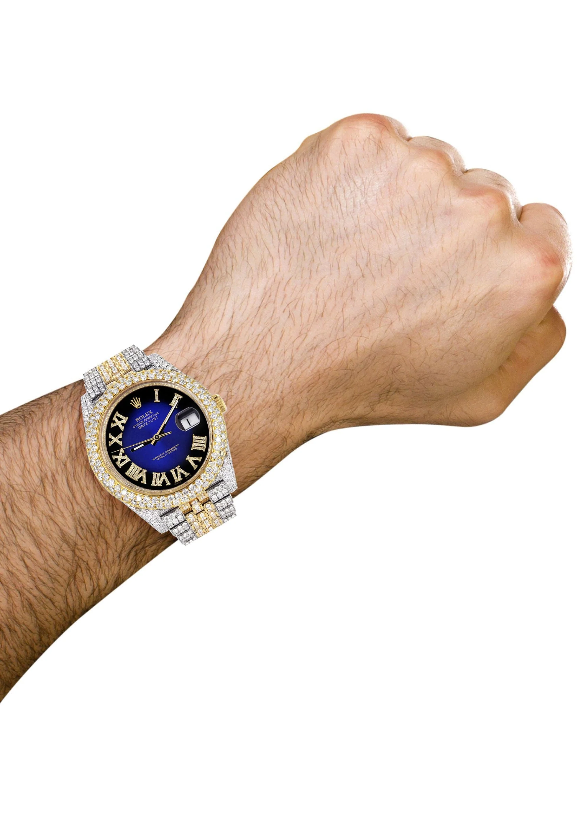 Diamond Iced Out Rolex Datejust 41 | 25 Carats Of Diamonds | Custom Blue Black Roman Numeral Diamond Dial | Two Tone | Two Row | Jubilee Band - Image 3