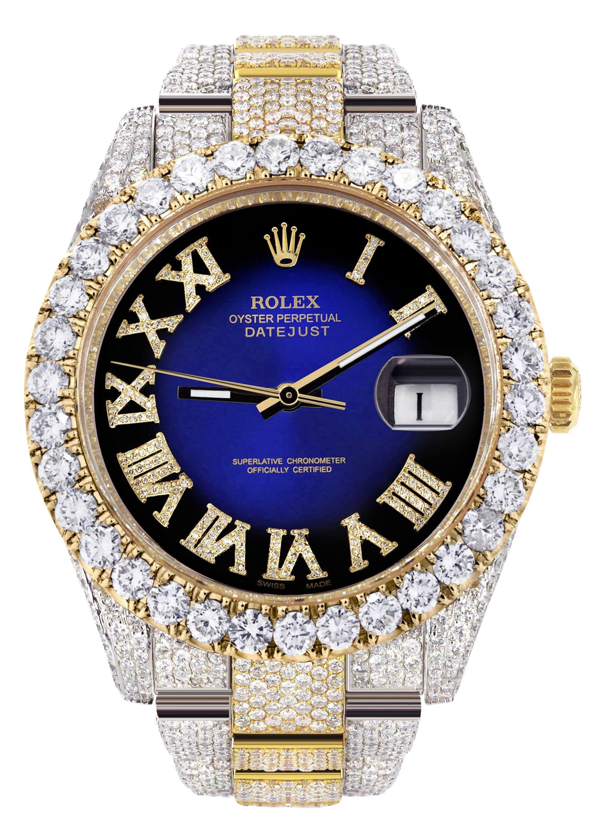 Diamond Iced Out Rolex Datejust 41 | 25 Carats Of Diamonds | Custom Blue Black Roman Numeral Diamond Dial | Two Tone | Oyster Band