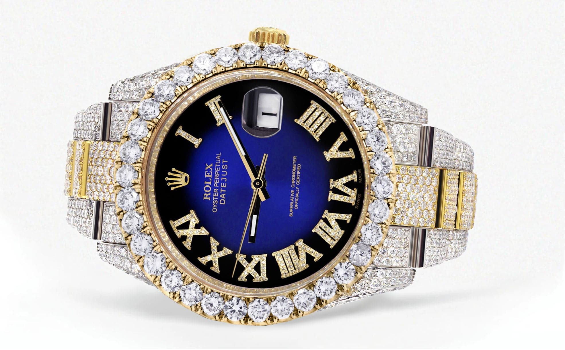 Diamond Iced Out Rolex Datejust 41 | 25 Carats Of Diamonds | Custom Blue Black Roman Numeral Diamond Dial | Two Tone | Oyster Band - Image 2