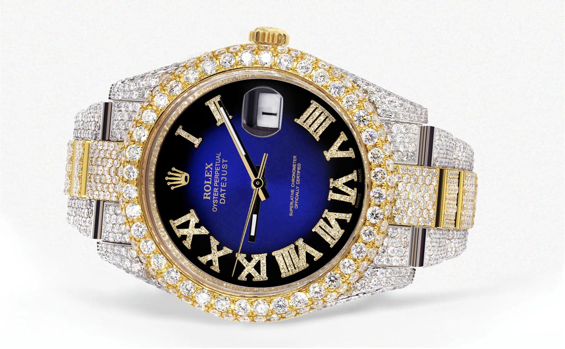 Diamond Iced Out Rolex Datejust 41 | 25 Carats Of Diamonds | Custom Blue Black Roman Numeral Diamond Dial | Two Tone | Two Row | Oyster Band - Image 2