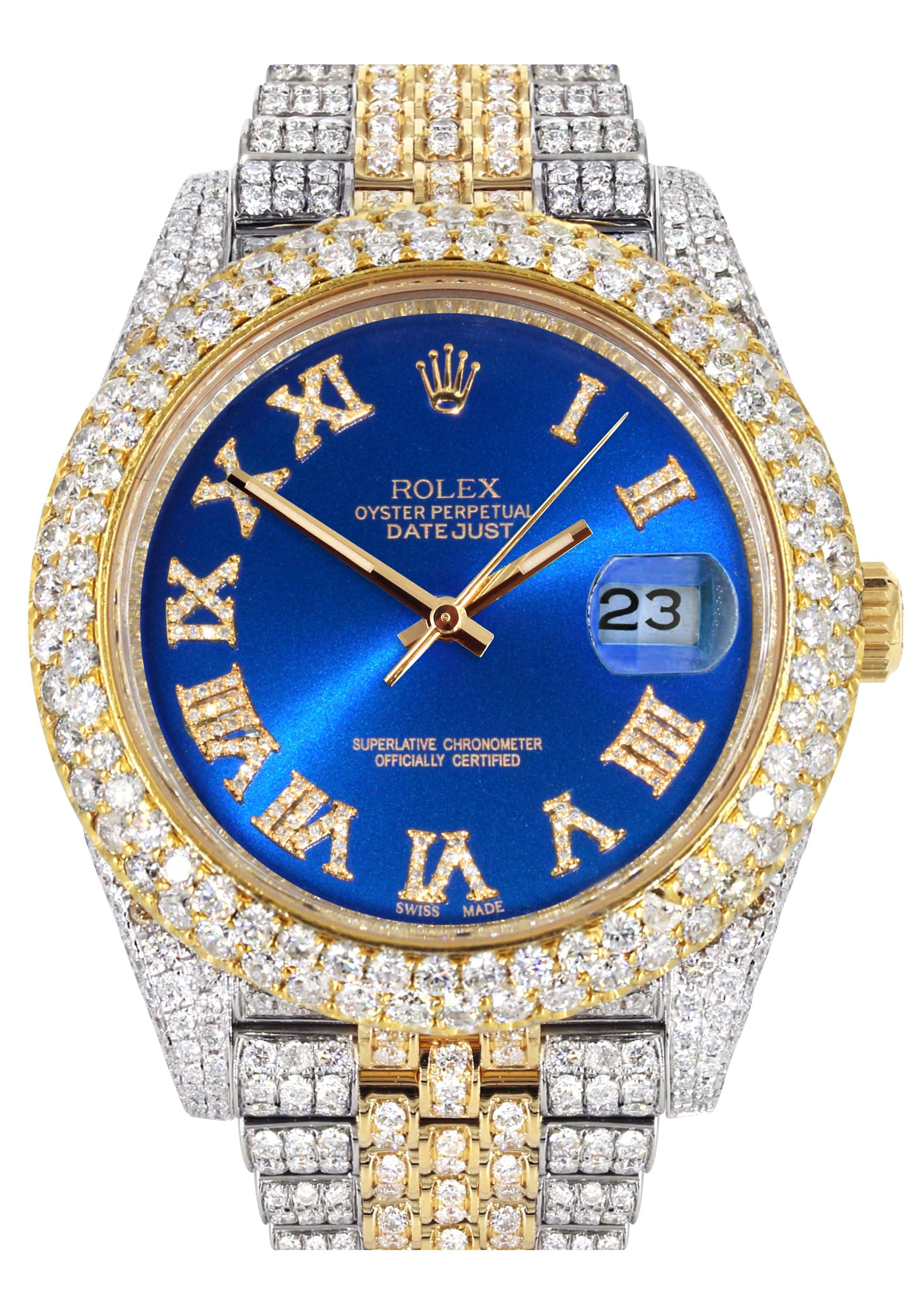 Diamond Iced Out Rolex Datejust 41 | 25 Carats Of Diamonds | Custom Blue Roman Numeral Diamond Dial | Two Tone | Two Row | Jubilee Band