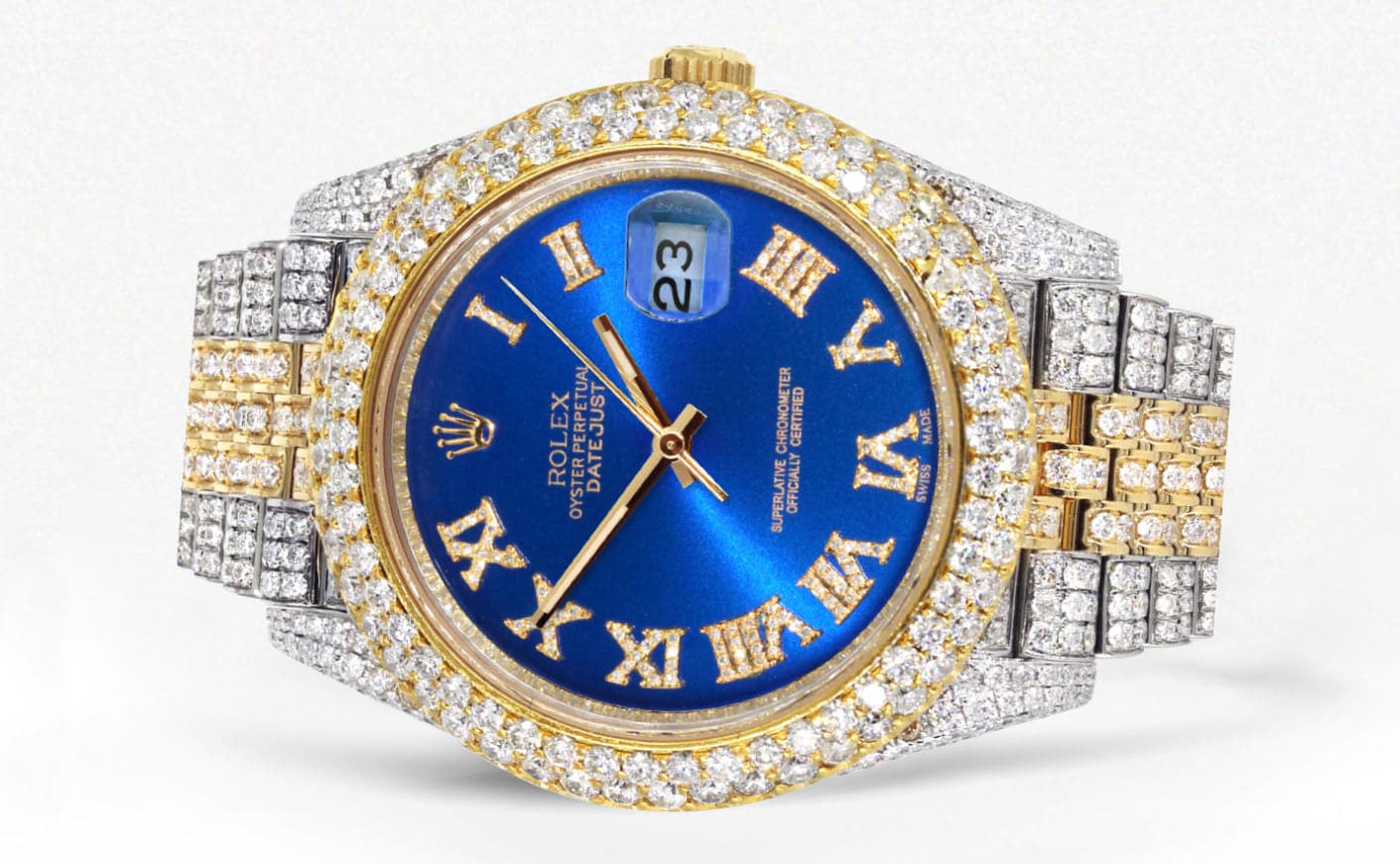 Diamond Iced Out Rolex Datejust 41 | 25 Carats Of Diamonds | Custom Blue Roman Numeral Diamond Dial | Two Tone | Two Row | Jubilee Band - Image 2