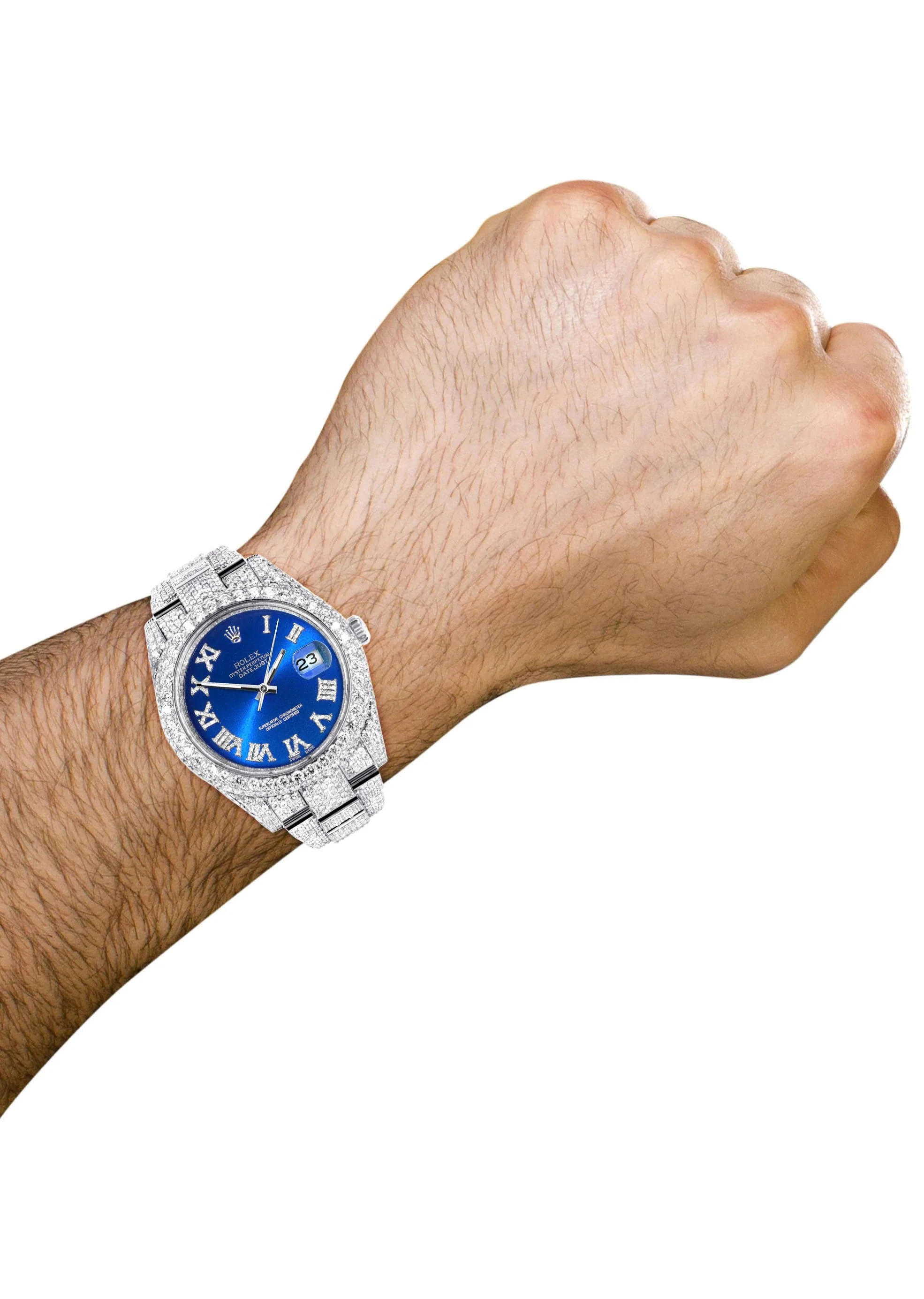 Diamond Iced Out Rolex Datejust 41 | 25 Carats Of Diamonds | Custom Blue Roman Numeral Diamond Dial | Two Row | Oyster Band - Image 3