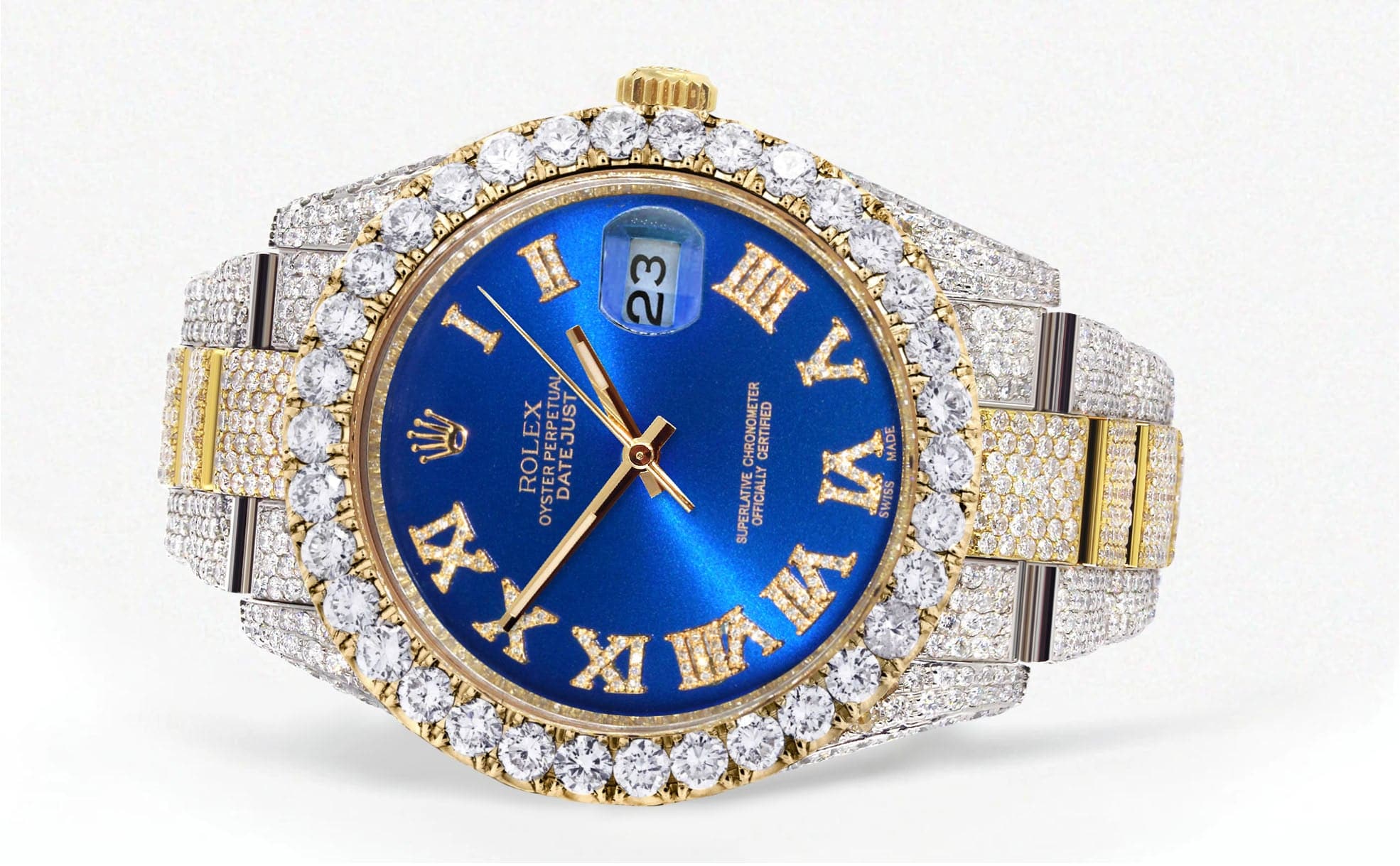 Diamond Iced Out Rolex Datejust 41 | 25 Carats Of Diamonds | Custom Blue Roman Numeral Diamond Dial | Two Tone | Oyster Band - Image 2