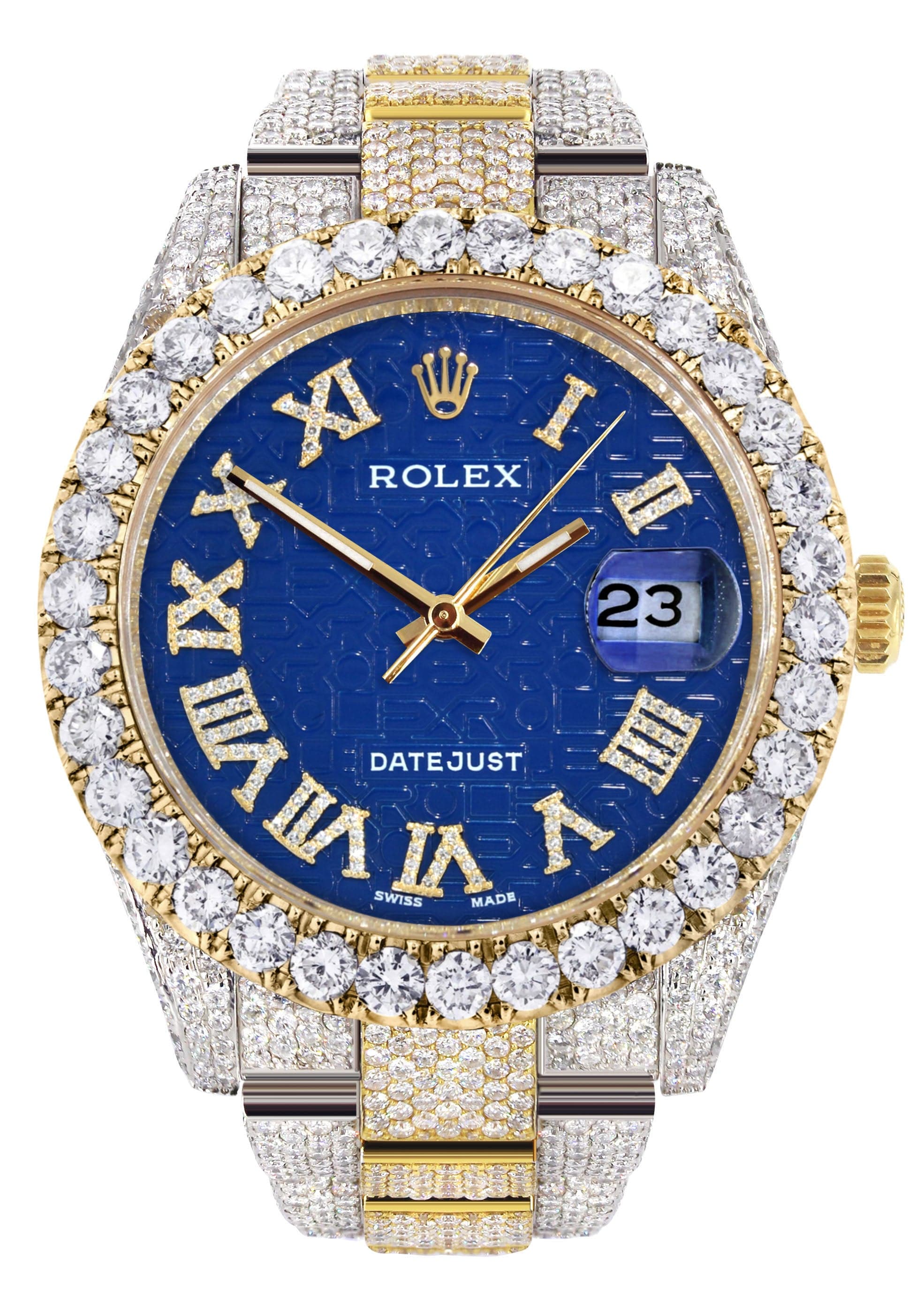 Diamond Iced Out Rolex Datejust 41 | 25 Carats Of Diamonds | Custom Blue Text Pattern Dial | Two Tone | Oyster Band