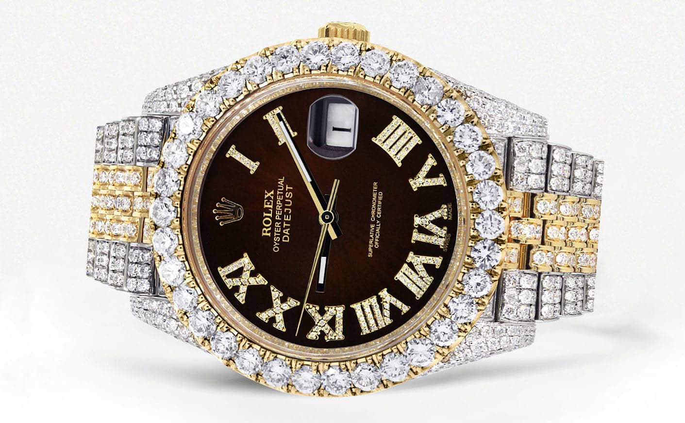 Diamond Iced Out Rolex Datejust 41 | 25 Carats Of Diamonds | Custom Dark Brown Roman Numeral Diamond Dial | Two Tone | Jubilee Band - Image 2