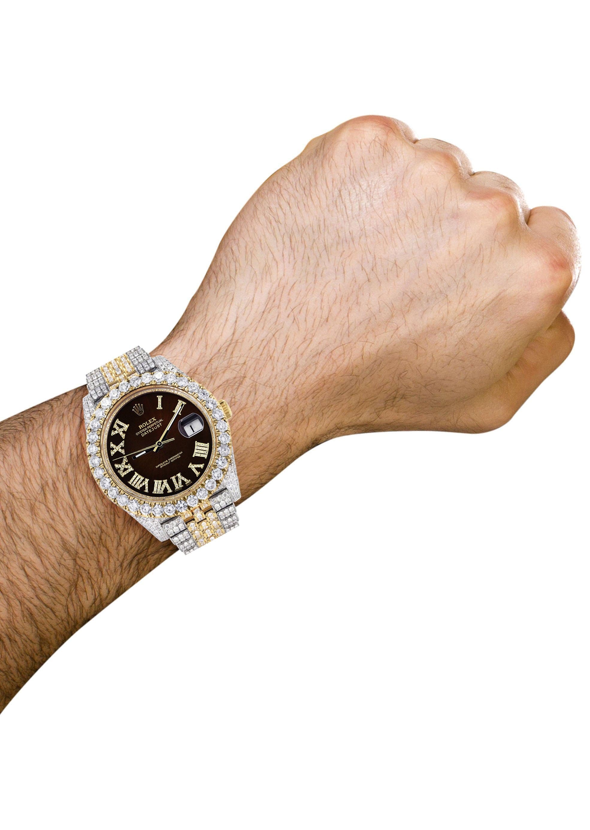 Diamond Iced Out Rolex Datejust 41 | 25 Carats Of Diamonds | Custom Dark Brown Roman Numeral Diamond Dial | Two Tone | Jubilee Band - Image 3
