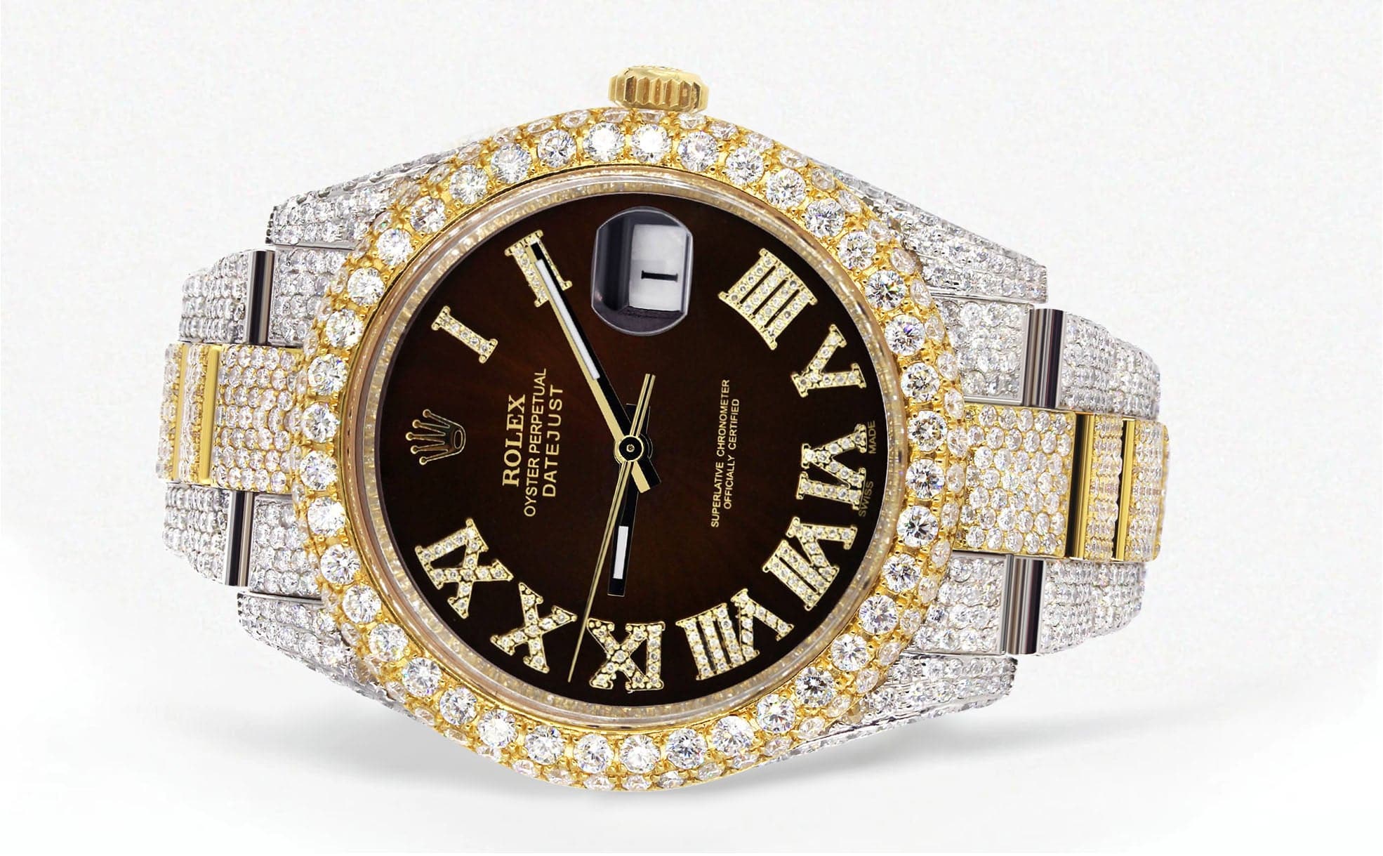 Diamond Iced Out Rolex Datejust 41 | 25 Carats Of Diamonds | Custom Dark Brown Roman Numeral Diamond Dial | Two Tone | Two Row | Oyster Band - Image 2