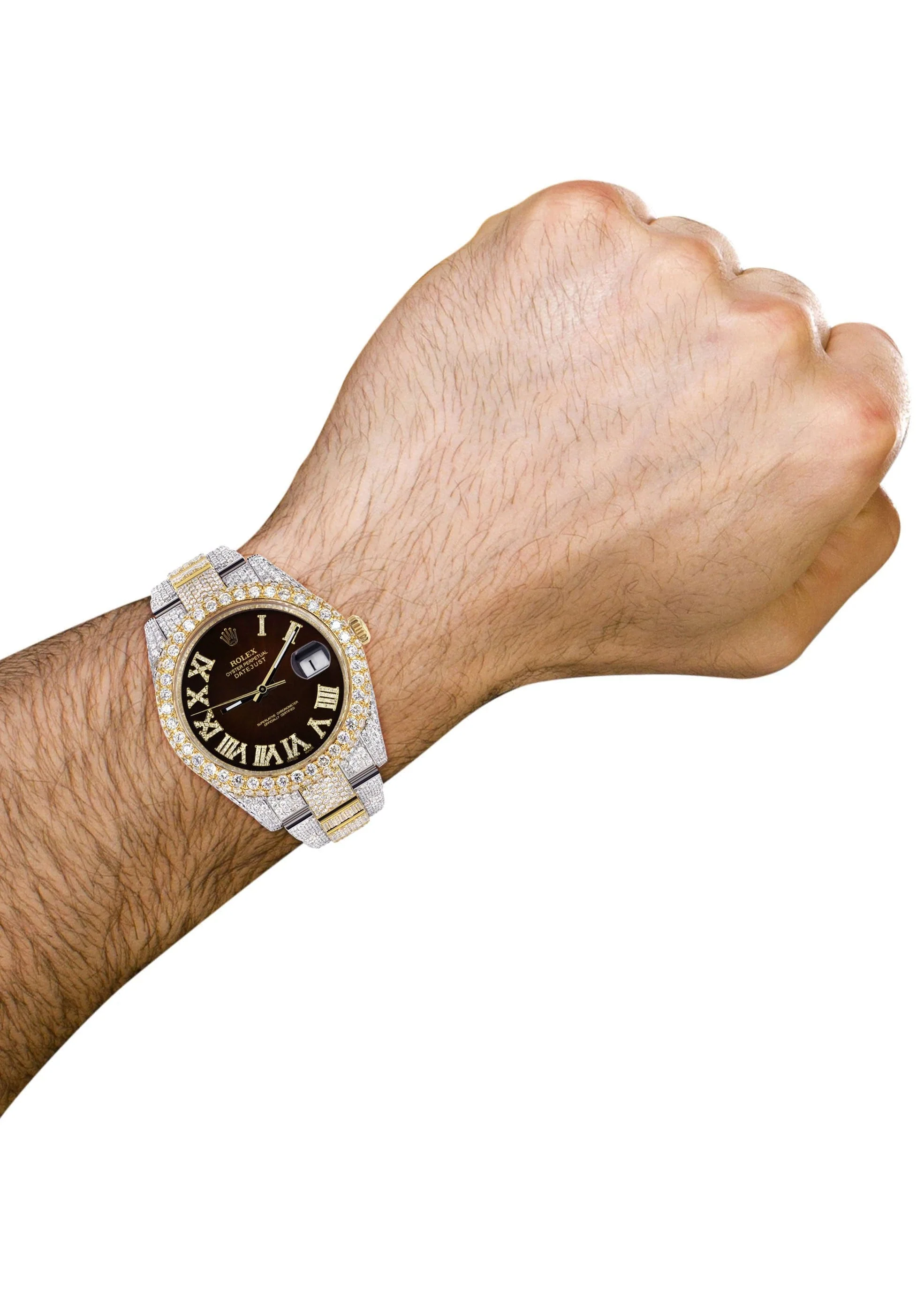 Diamond Iced Out Rolex Datejust 41 | 25 Carats Of Diamonds | Custom Dark Brown Roman Numeral Diamond Dial | Two Tone | Two Row | Oyster Band - Image 3