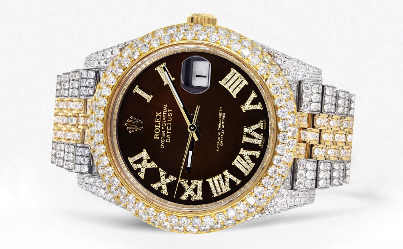 Diamond Iced Out Rolex Datejust 41 | 25 Carats Of Diamonds | Custom Dark Chocolate Roman Numeral Diamond Dial | Two Tone | Two Row | Jubilee Band - Image 2