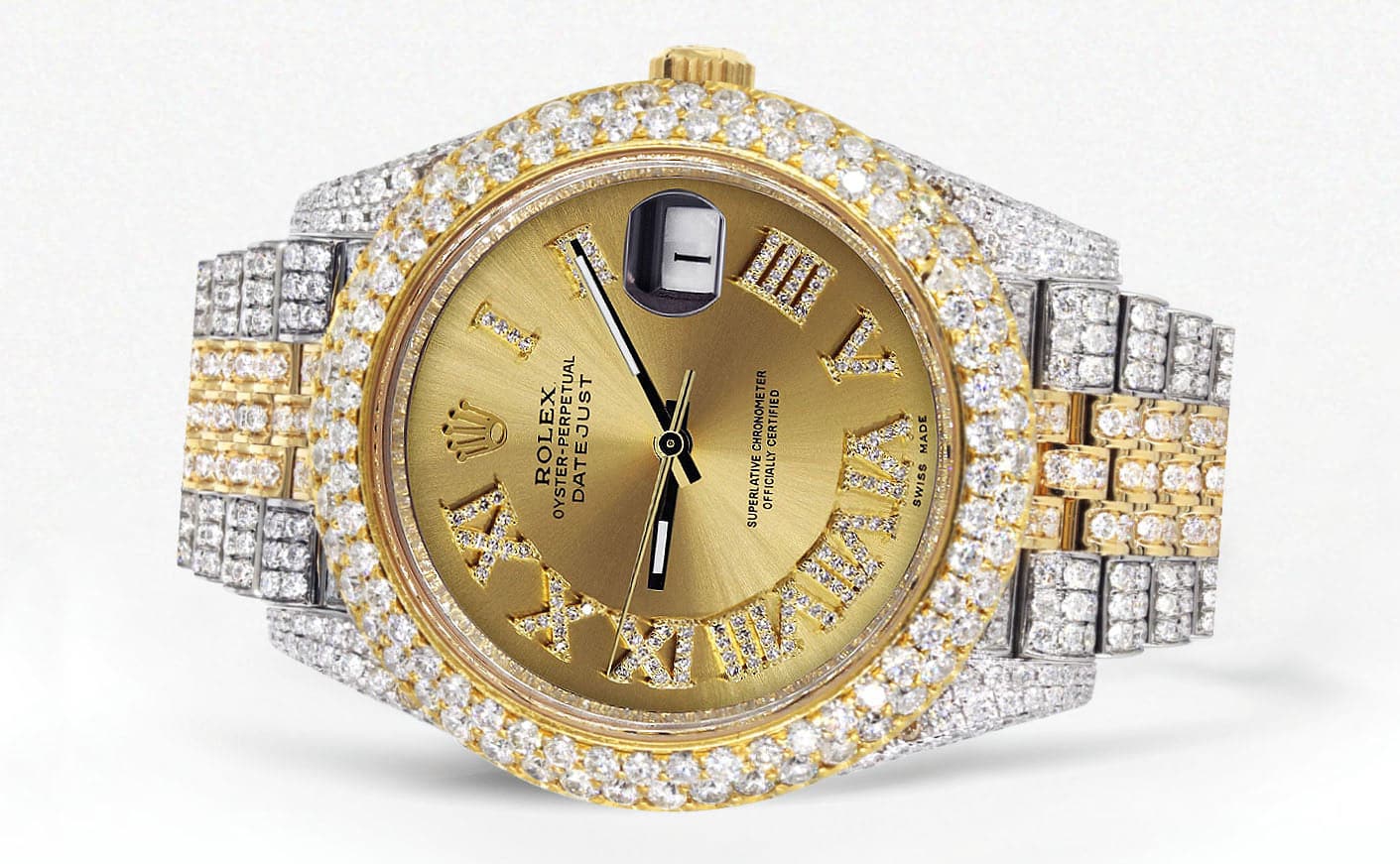 Diamond Iced Out Rolex Datejust 41 | 25 Carats Of Diamonds | Custom Gold Roman Numeral Diamond Dial | Two Tone | Two Row | Jubilee Band - Image 2