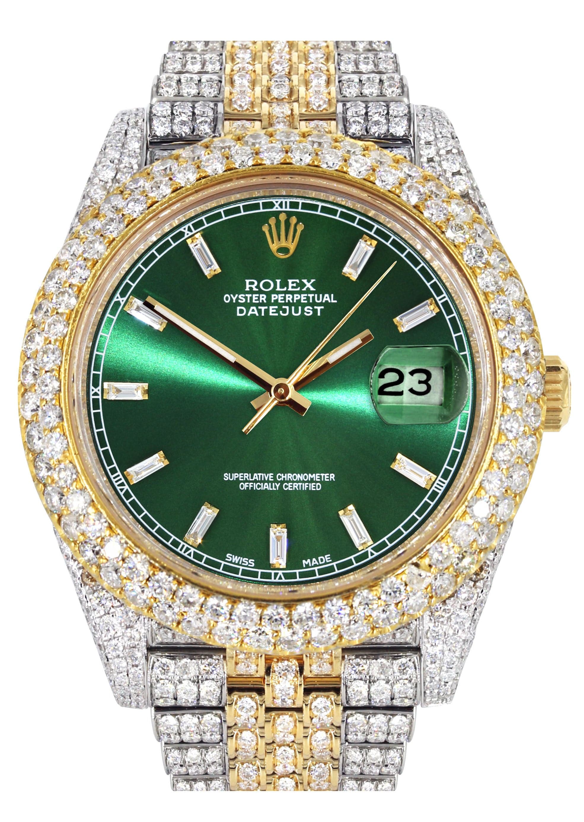 Diamond Iced Out Rolex Datejust 41 | 25 Carats Of Diamonds | Custom Green Diamond Dial | Two Tone | Two Row | Jubilee Band