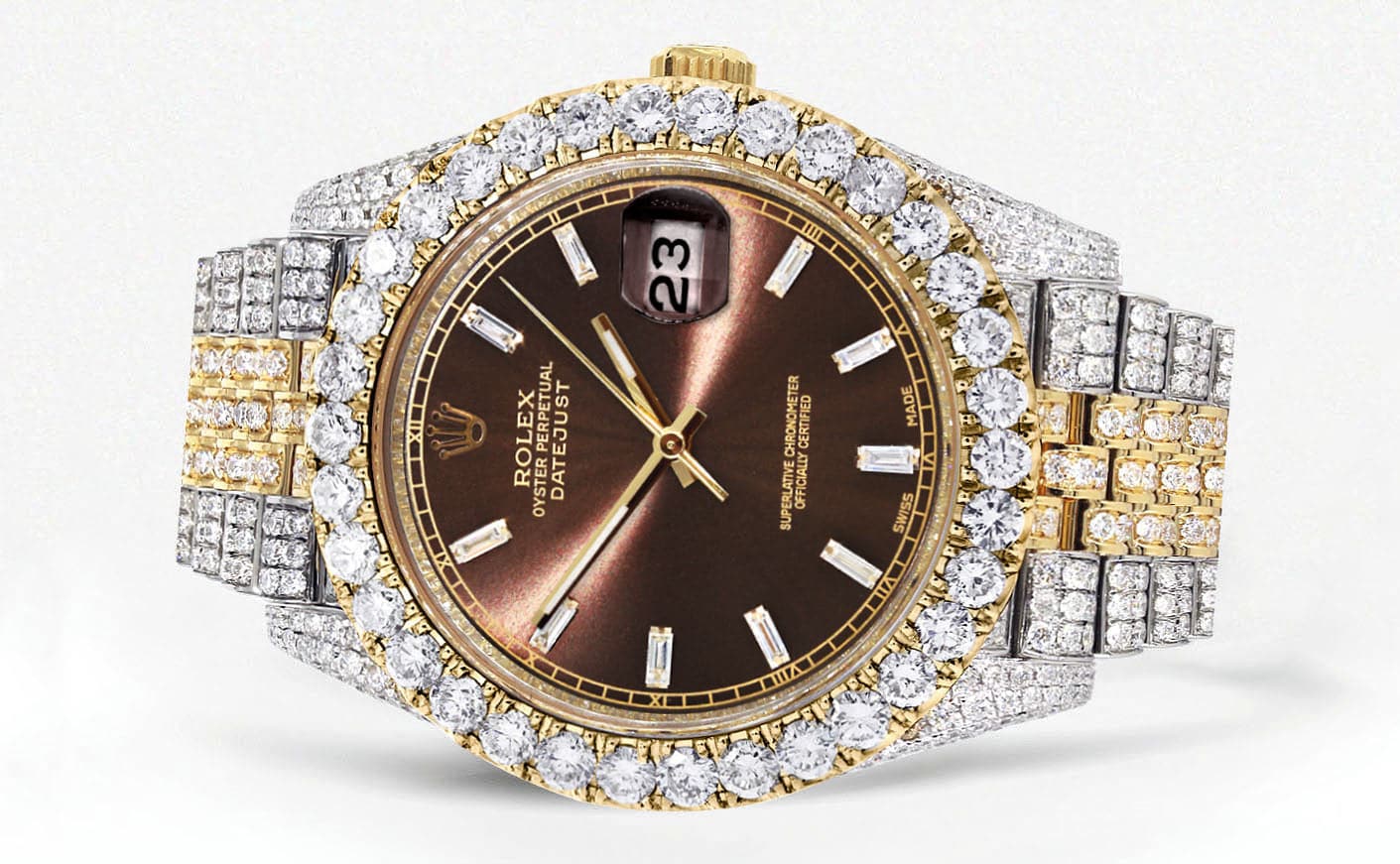 Diamond Iced Out Rolex Datejust 41 | 25 Carats Of Diamonds | Custom Morocco Brown Dial | Two Tone | Jubilee Band - Image 2