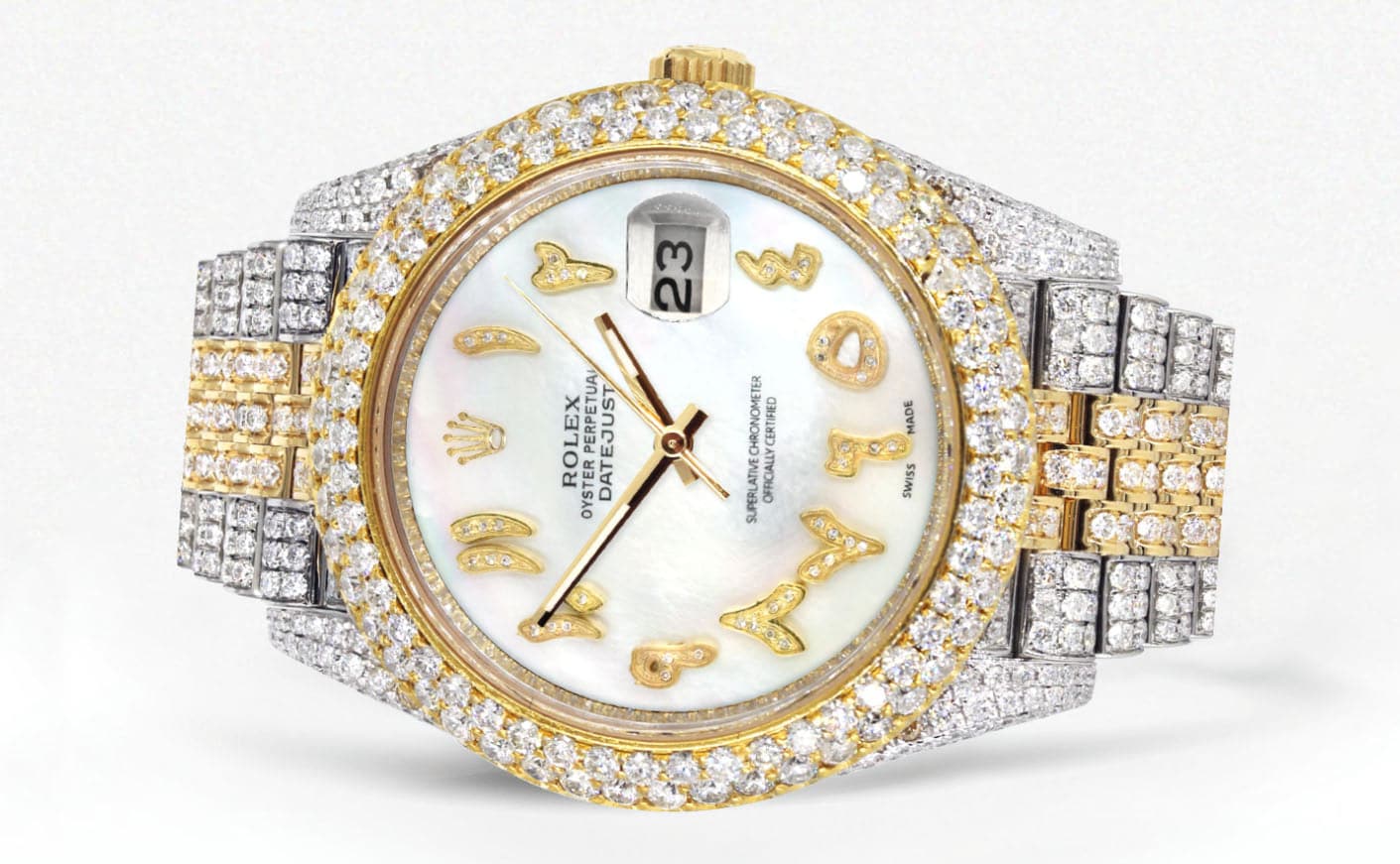 Diamond Iced Out Rolex Datejust 41 | 25 Carats Of Diamonds | Custom Mother of Pearl Arabic Numeral Diamond Dial | Two Tone | Two Row | Jubilee Band - Image 2
