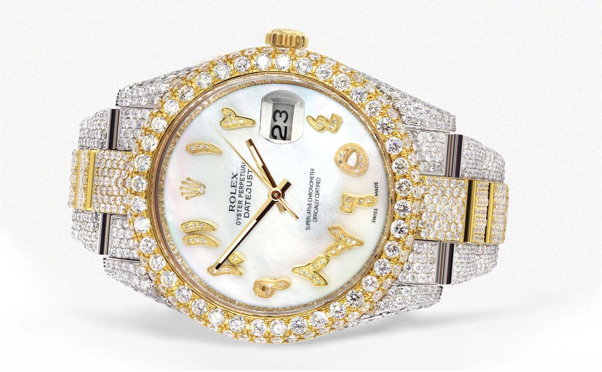Diamond Iced Out Rolex Datejust 41 | 25 Carats Of Diamonds | Custom Mother of Pearl Arabic Numeral Diamond Dial | Two Tone | Two Row | Oyster Band - Image 2