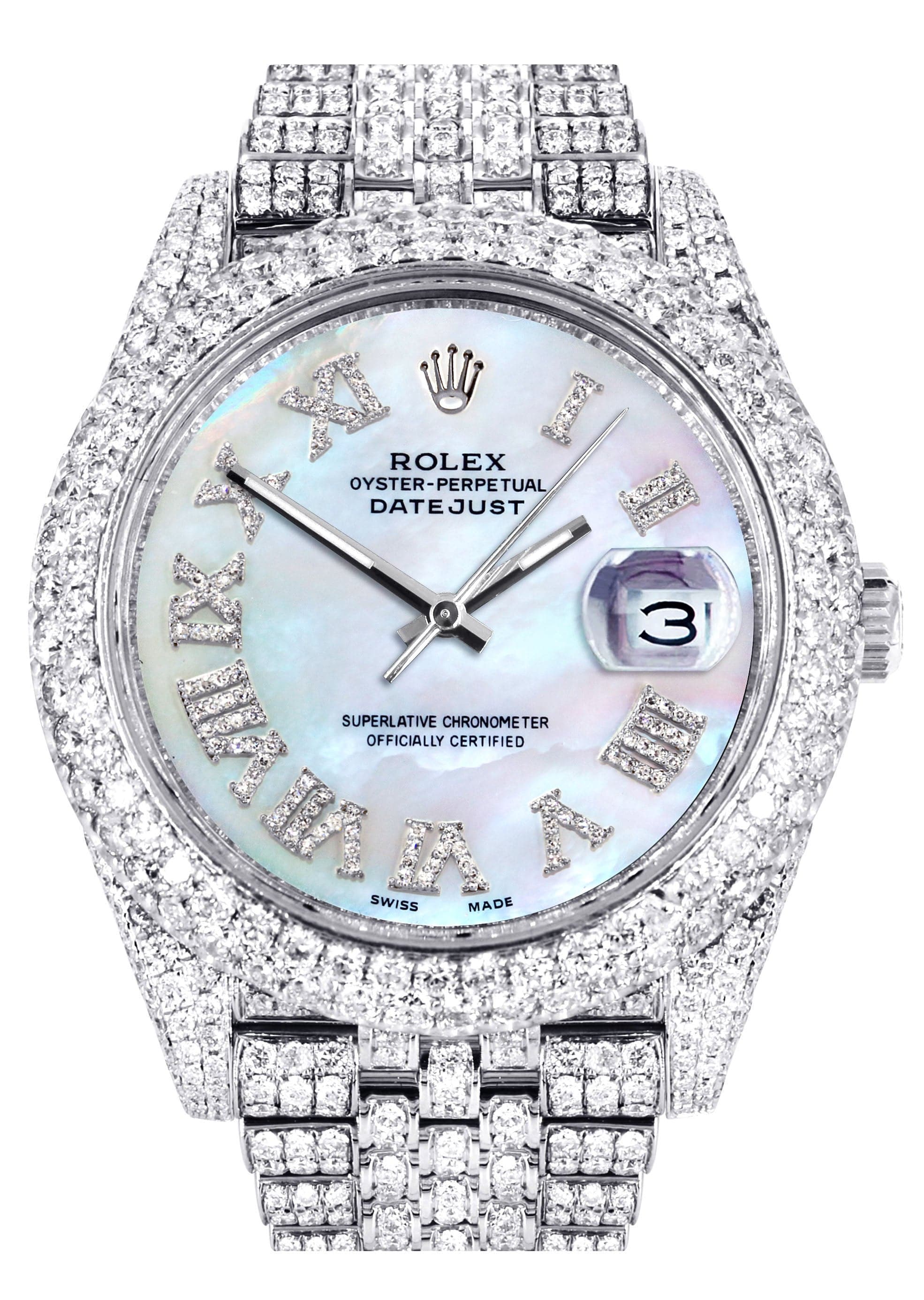 Diamond Iced Out Rolex Datejust 41 | 25 Carats Of Diamonds | Custom Mother Of Pearl Dial | Two Row | Jubilee Band