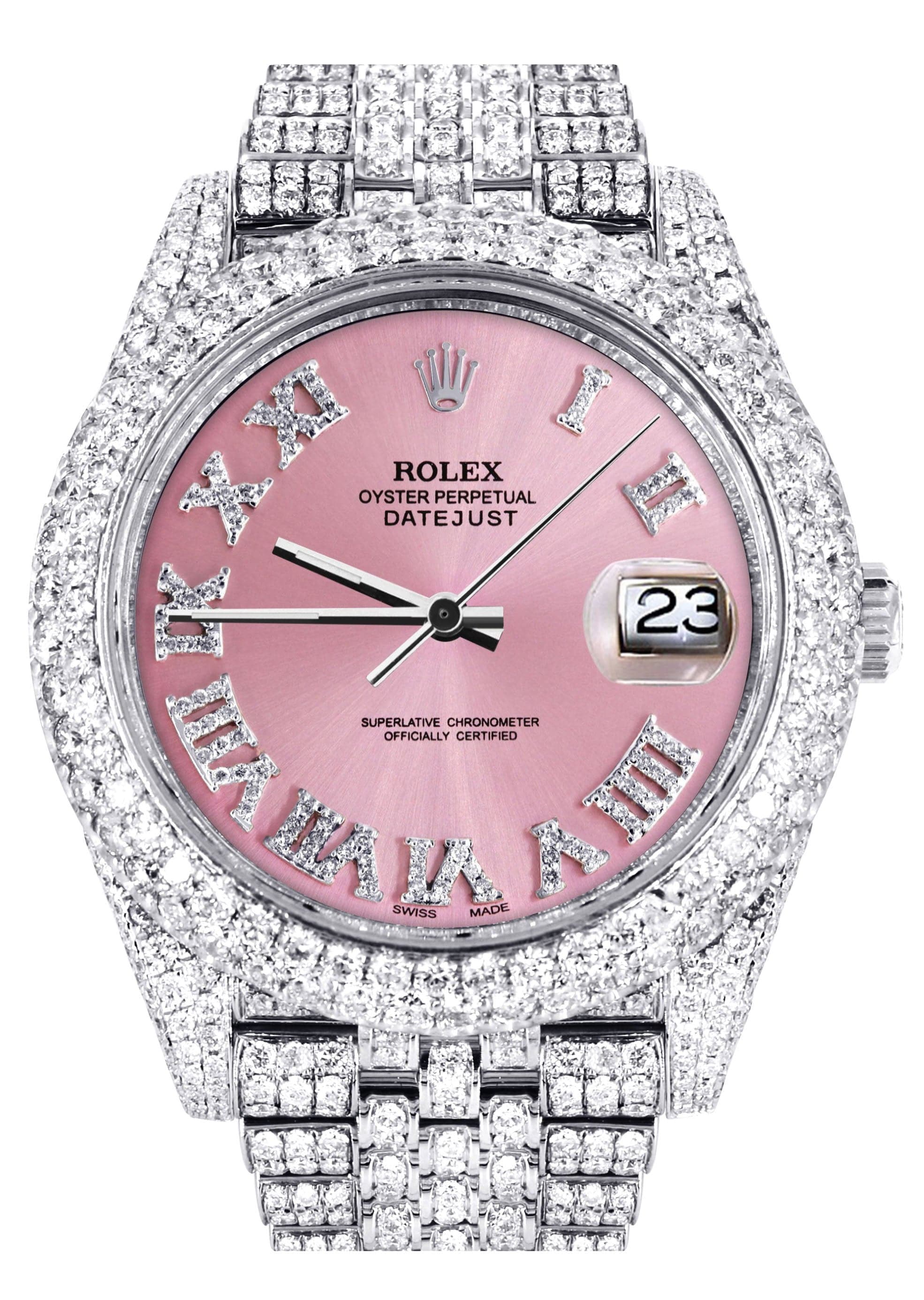 Diamond Iced Out Rolex Datejust 41 | 25 Carats Of Diamonds | Custom Pink Roman Numeral Diamond Dial | Two Row | Jubilee Band