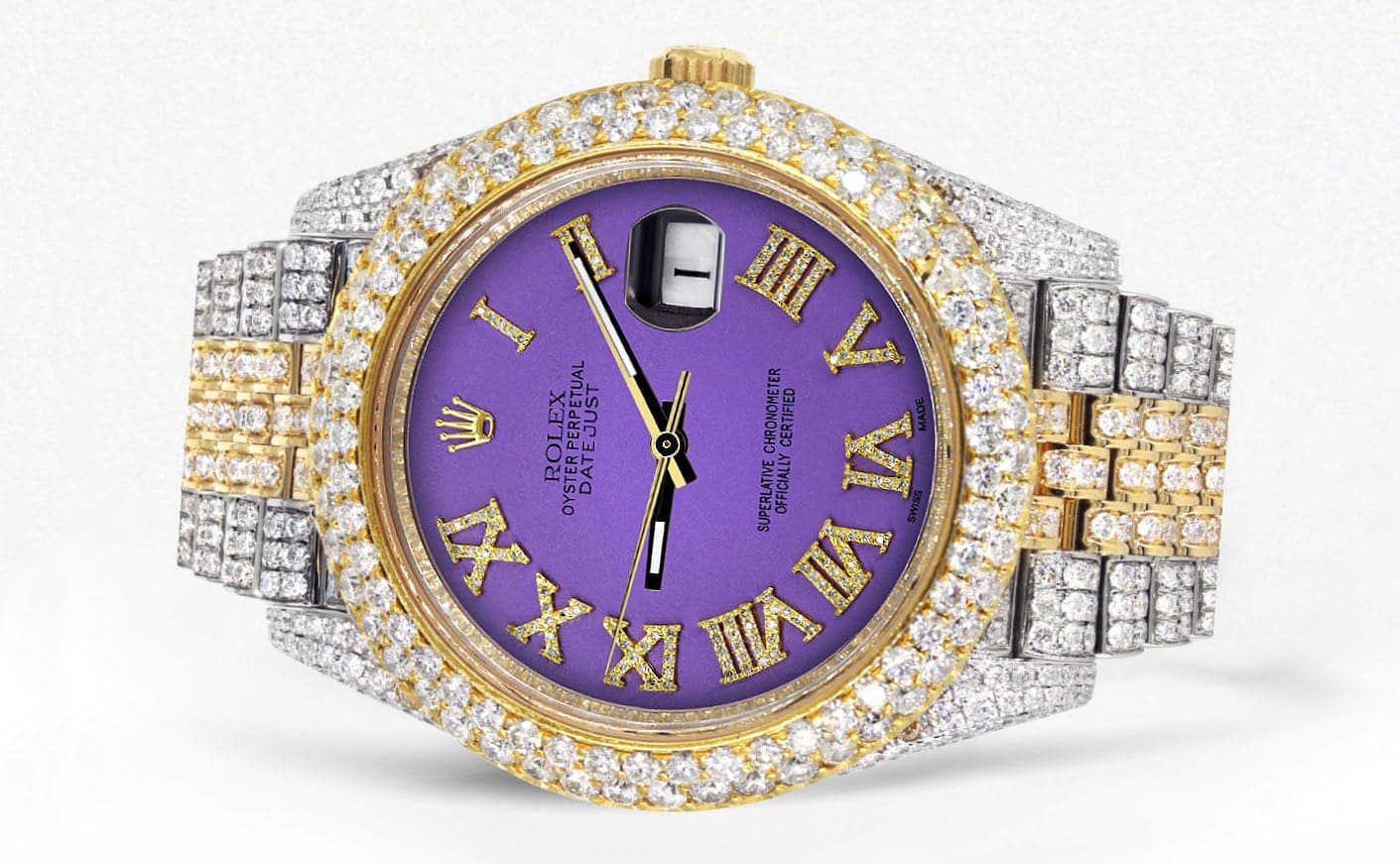 Diamond Iced Out Rolex Datejust 41 | 25 Carats Of Diamonds | Custom Purple Roman Numeral Diamond Dial | Two Tone | Two Row | Jubilee Band - Image 2