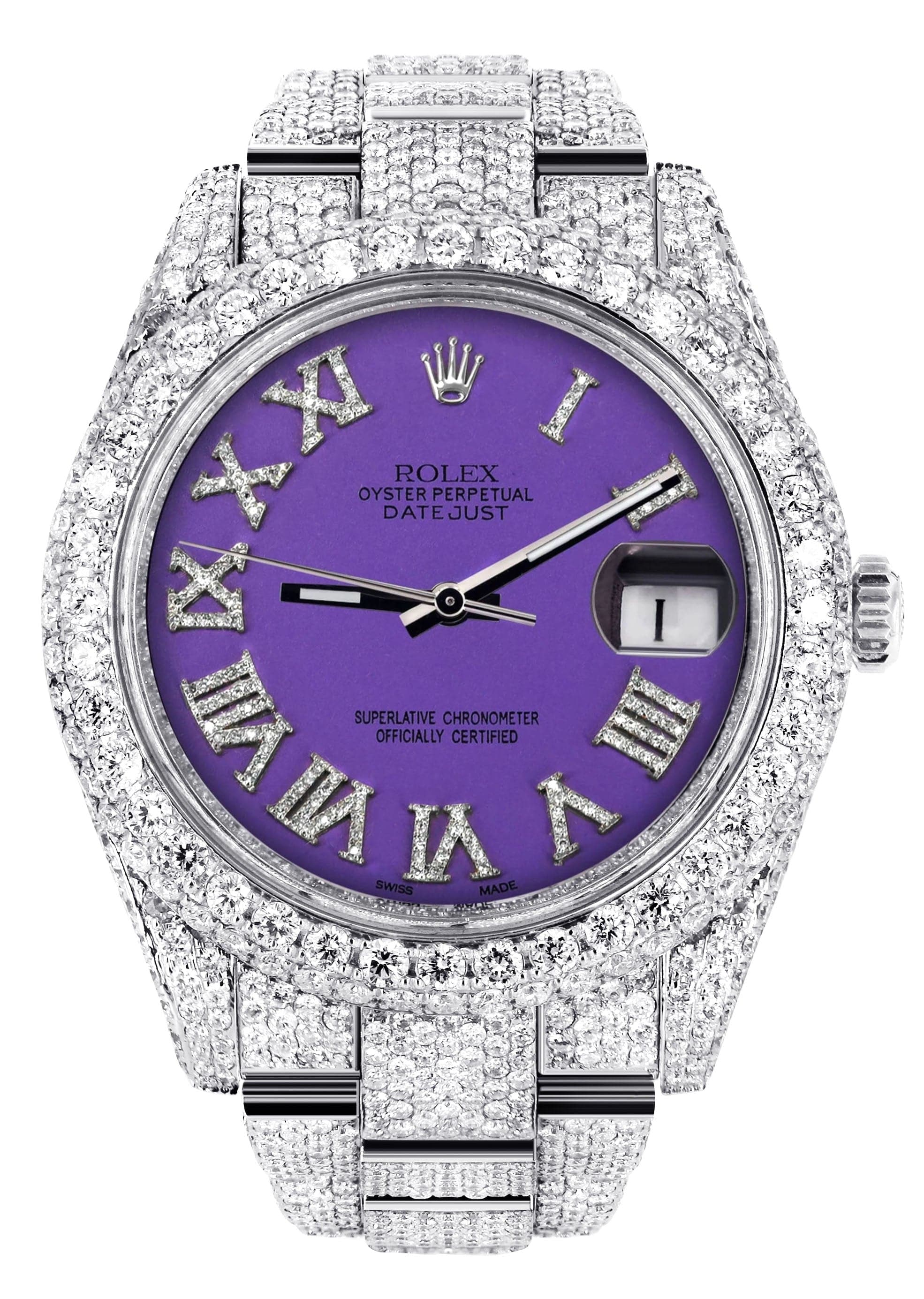 Diamond Iced Out Rolex Datejust 41 | 25 Carats Of Diamonds | Custom Purple Roman Numeral Diamond Dial | Two Row | Oyster Band