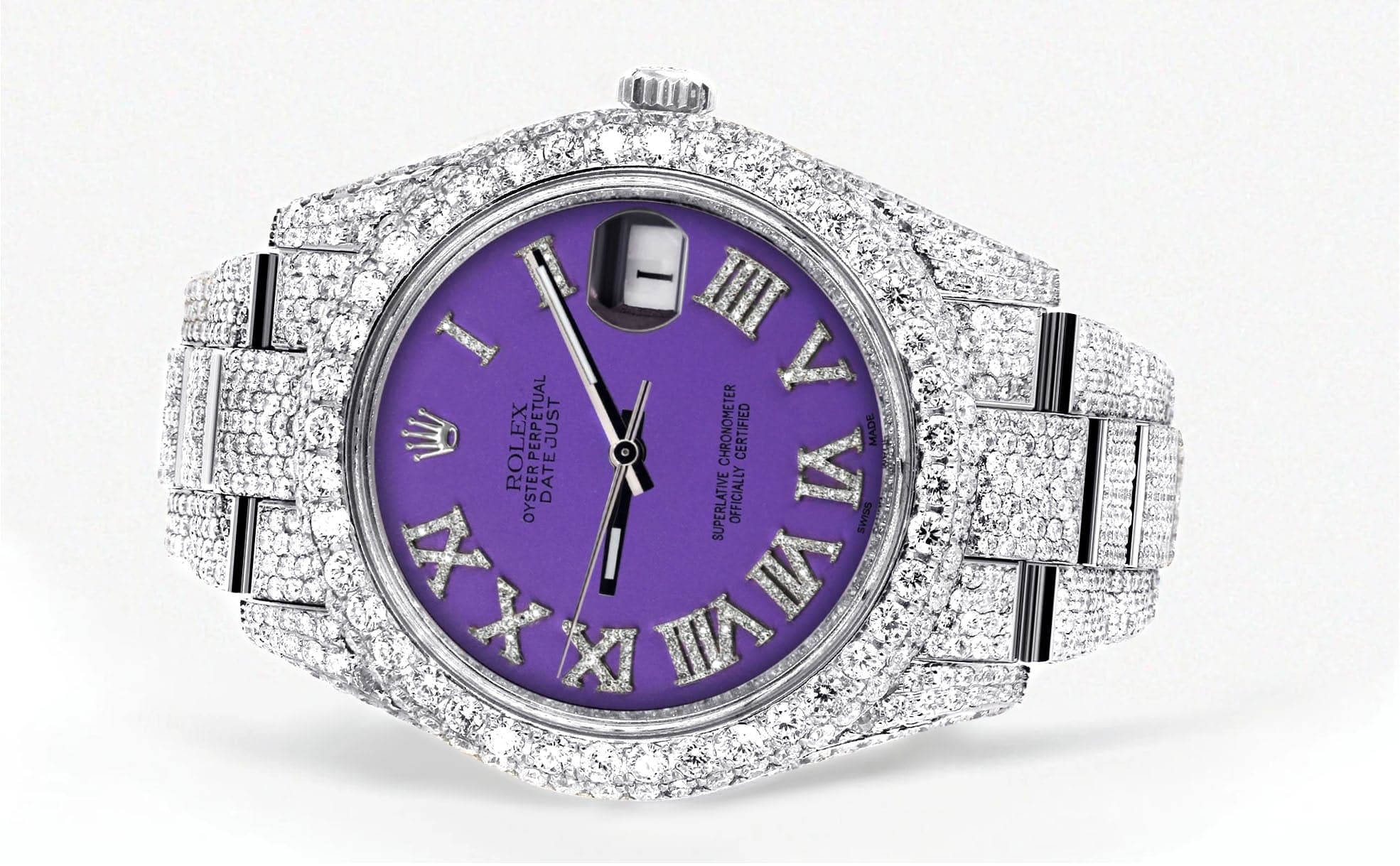Diamond Iced Out Rolex Datejust 41 | 25 Carats Of Diamonds | Custom Purple Roman Numeral Diamond Dial | Two Row | Oyster Band - Image 2