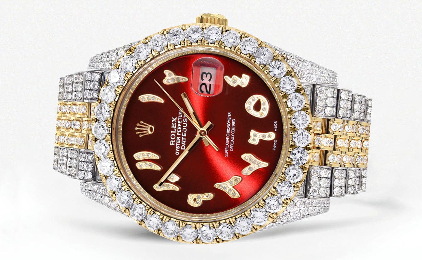 Diamond Iced Out Rolex Datejust 41 | 25 Carats Of Diamonds | Custom Red Arabic Numeral Diamond Dial | Two Tone | Jubilee Band - Image 2