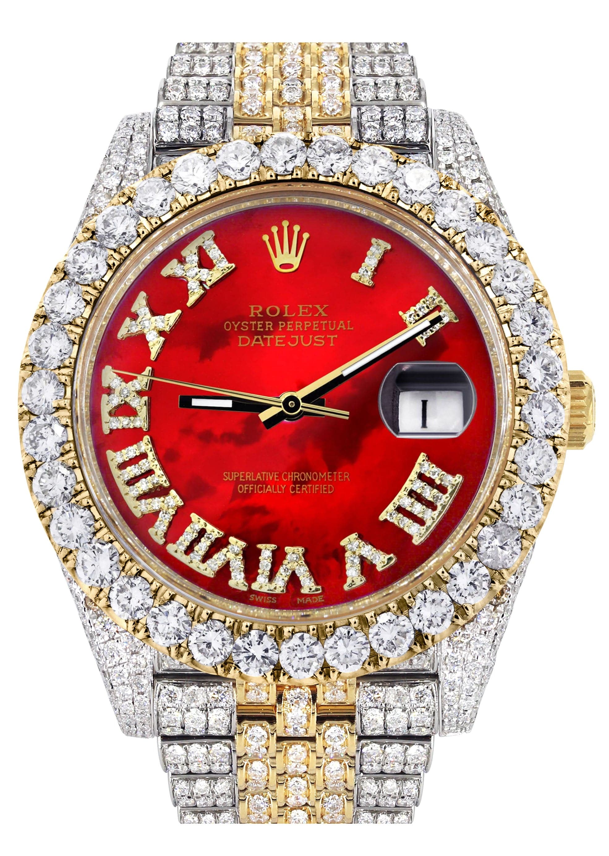 Diamond Iced Out Rolex Datejust 41 | 25 Carats Of Diamonds | Custom Red Mother of Pearl Roman Numeral Diamond Dial | Two Tone | Jubilee Band