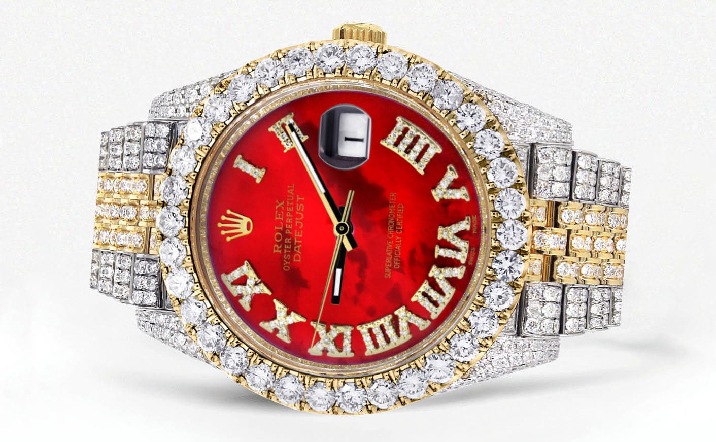 Diamond Iced Out Rolex Datejust 41 | 25 Carats Of Diamonds | Custom Red Mother of Pearl Roman Numeral Diamond Dial | Two Tone | Jubilee Band - Image 2