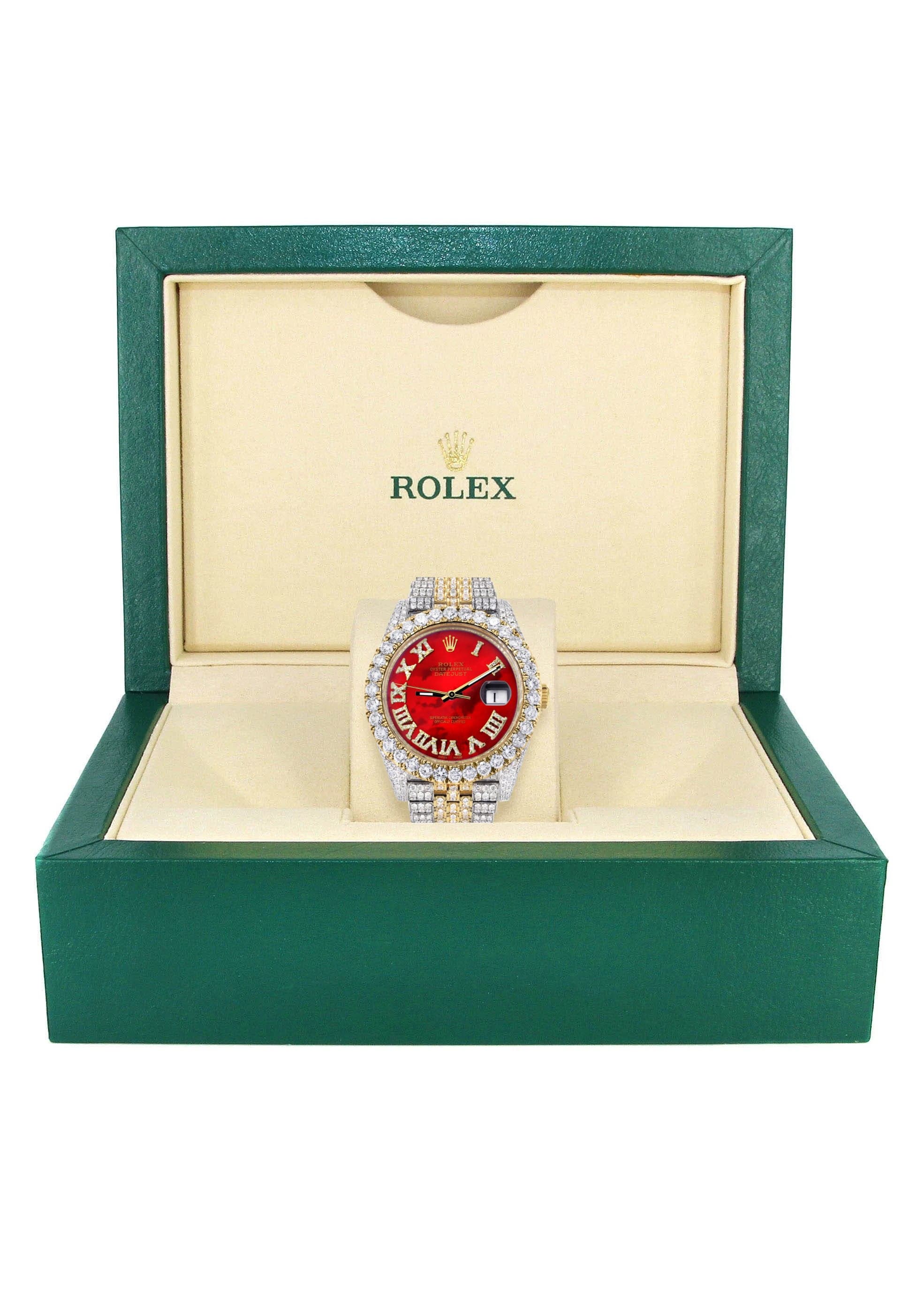 Diamond Iced Out Rolex Datejust 41 | 25 Carats Of Diamonds | Custom Red Mother of Pearl Roman Numeral Diamond Dial | Two Tone | Jubilee Band - Image 5