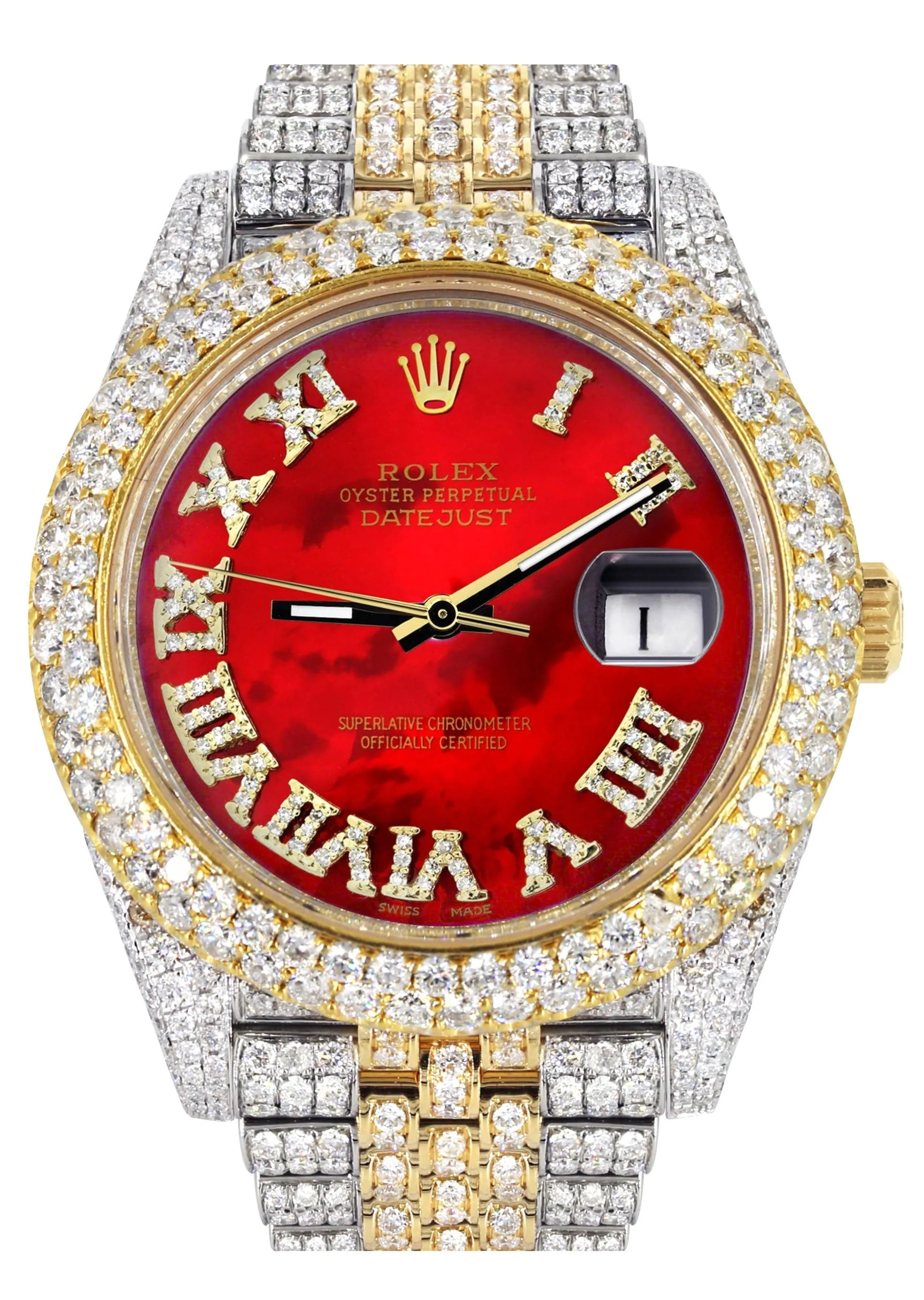Diamond Iced Out Rolex Datejust 41 | 25 Carats Of Diamonds | Custom Red Mother of Pearl Roman Numeral Diamond Dial | Two Tone | Two Row | Jubilee Band