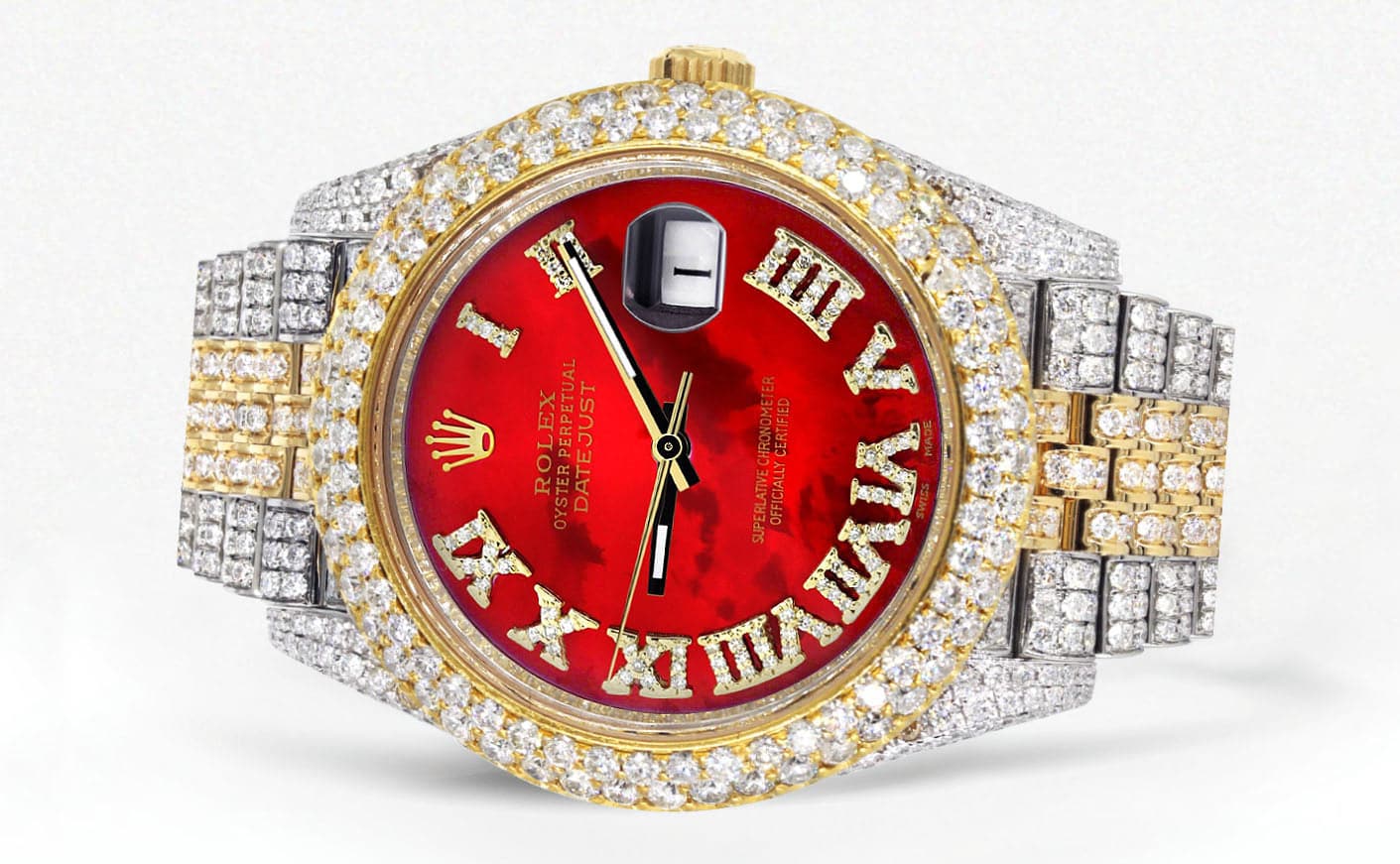 Diamond Iced Out Rolex Datejust 41 | 25 Carats Of Diamonds | Custom Red Mother of Pearl Roman Numeral Diamond Dial | Two Tone | Two Row | Jubilee Band - Image 2