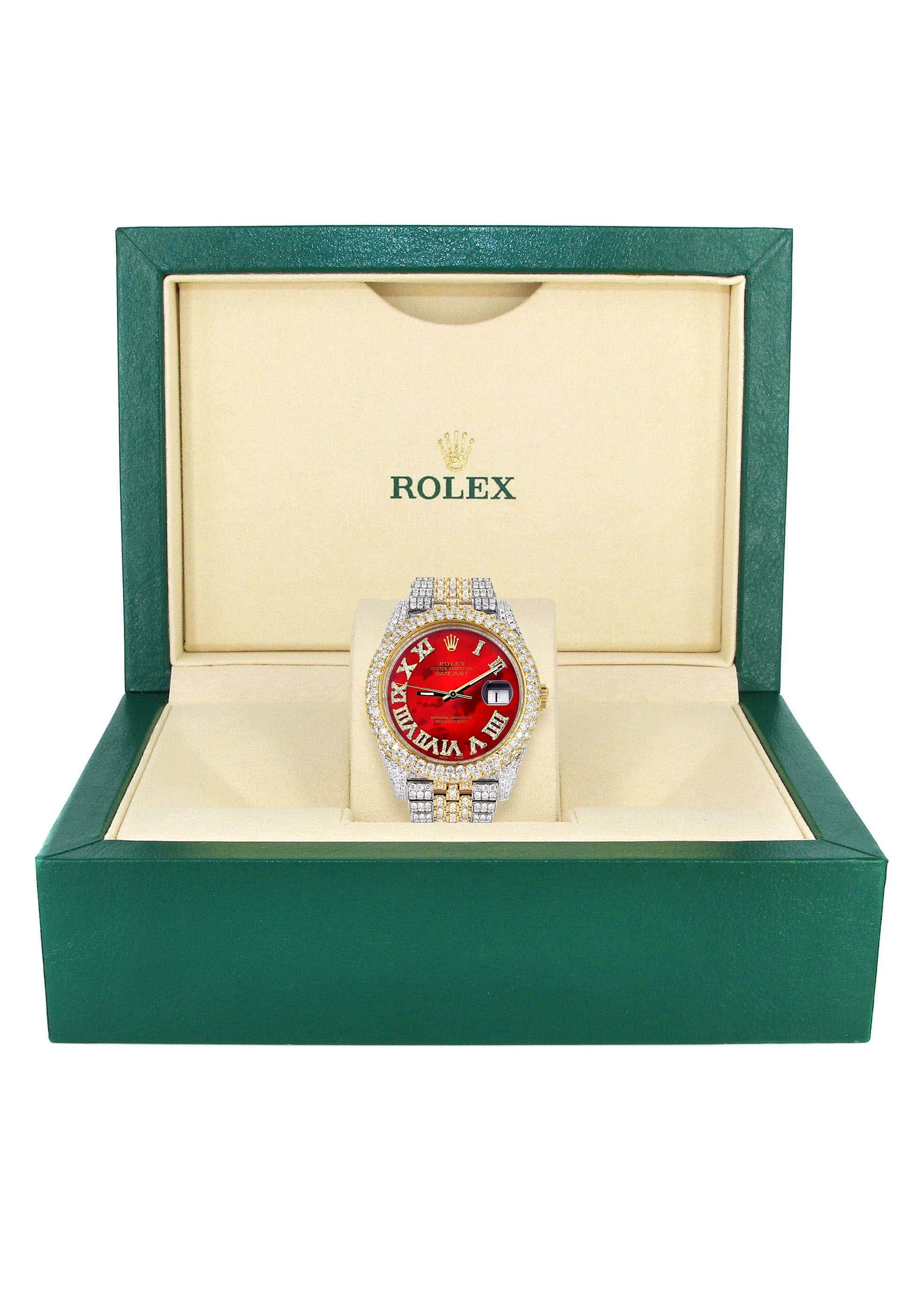 Diamond Iced Out Rolex Datejust 41 | 25 Carats Of Diamonds | Custom Red Mother of Pearl Roman Numeral Diamond Dial | Two Tone | Two Row | Jubilee Band - Image 6