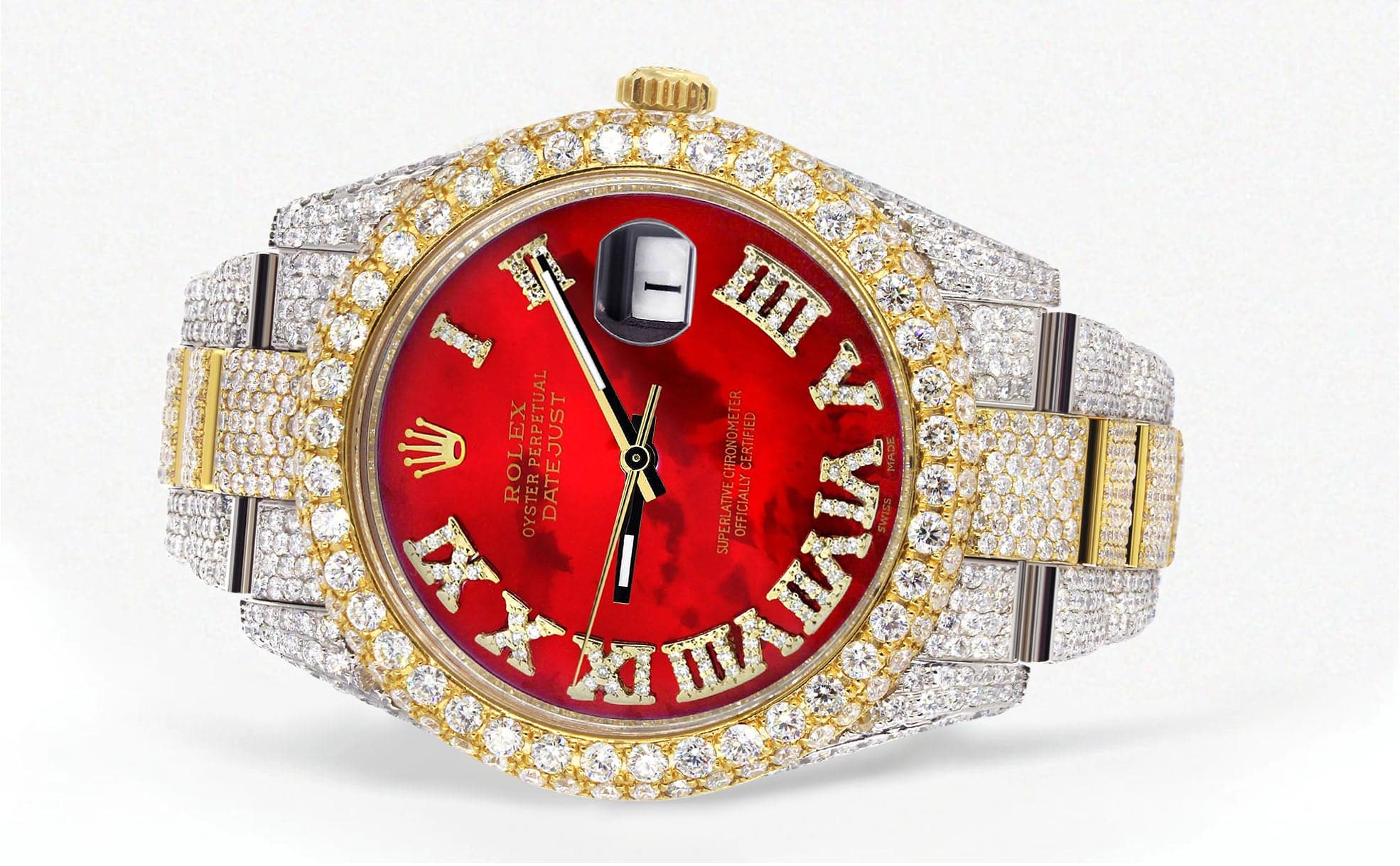 Diamond Iced Out Rolex Datejust 41 | 25 Carats Of Diamonds | Custom Red Mother of Pearl Roman Numeral Diamond Dial | Two Tone | Two Row | Oyster Band - Image 2