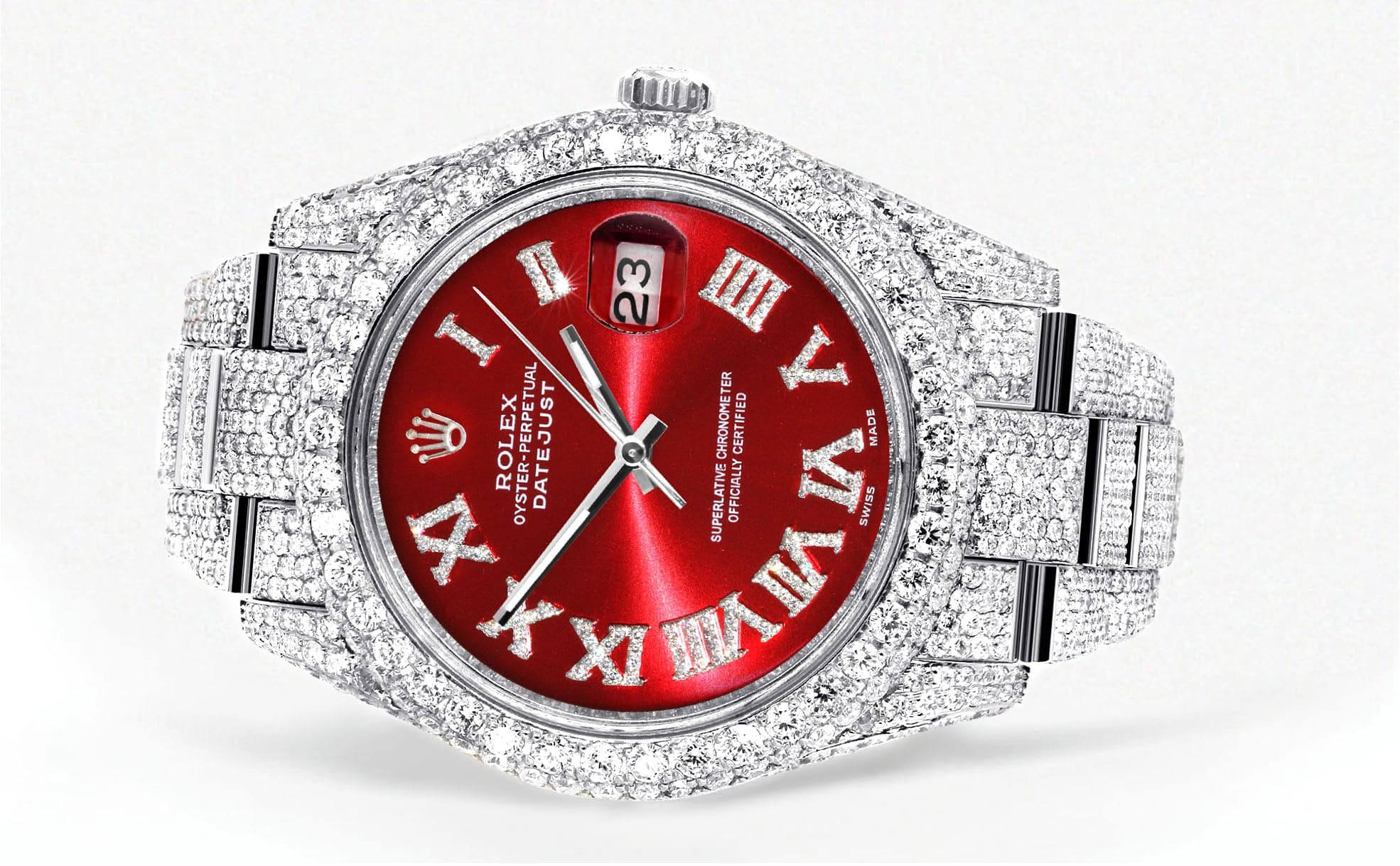 Diamond Iced Out Rolex Datejust 41 | 25 Carats Of Diamonds | Custom Red Roman Numeral Diamond Dial | Two Row | Oyster Band - Image 2