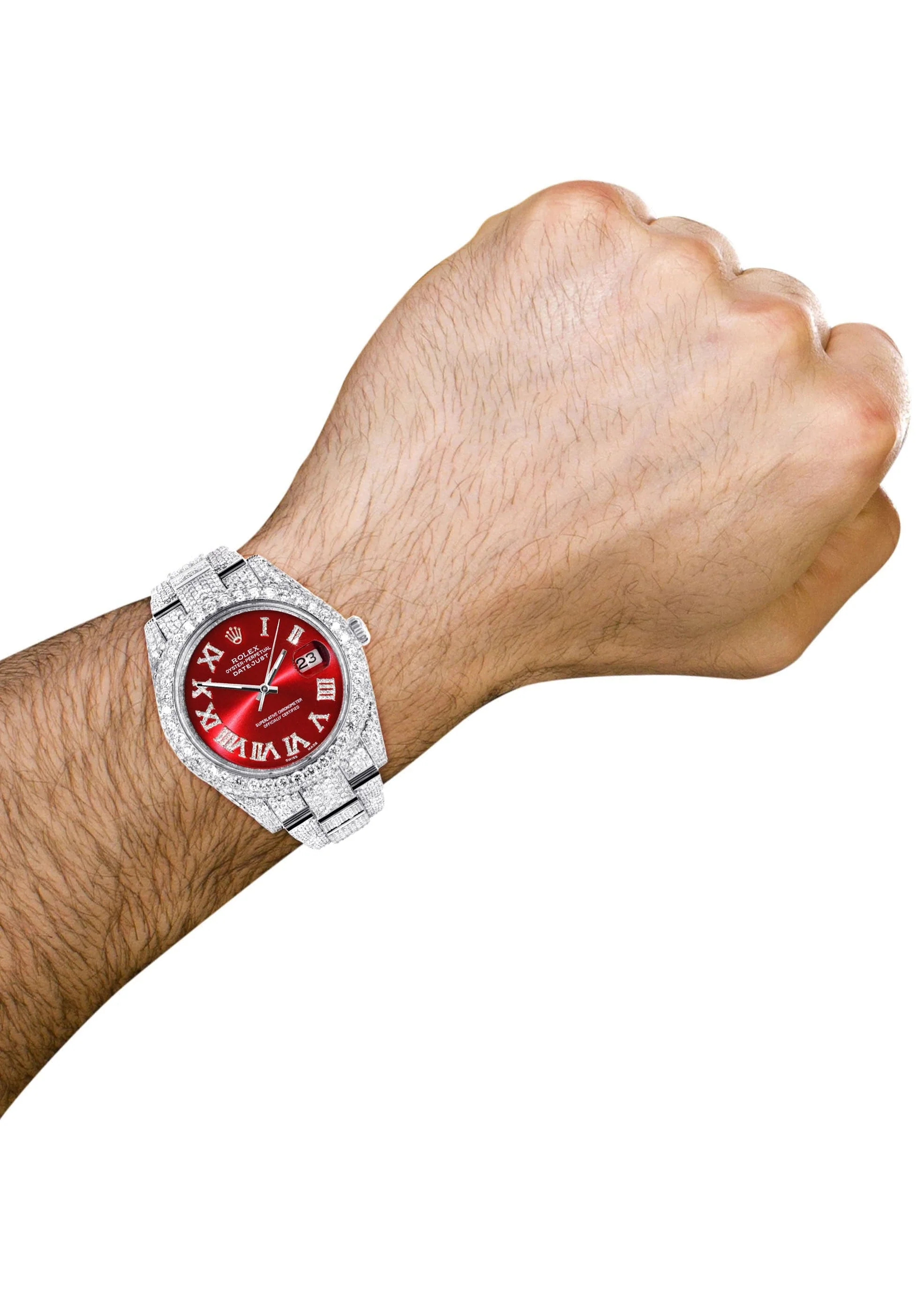Diamond Iced Out Rolex Datejust 41 | 25 Carats Of Diamonds | Custom Red Roman Numeral Diamond Dial | Two Row | Oyster Band - Image 3