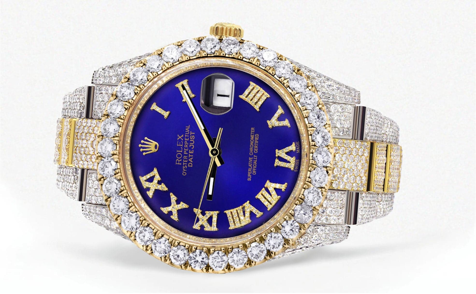 Diamond Iced Out Rolex Datejust 41 | 25 Carats Of Diamonds | Custom Royal Blue Roman Numeral Diamond Dial | Two Tone | Oyster Band - Image 2