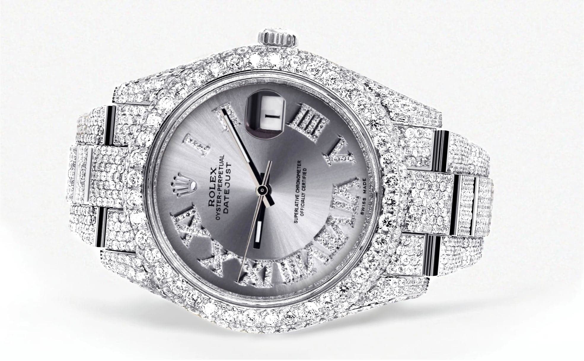 Diamond Iced Out Rolex Datejust 41 | 25 Carats Of Diamonds | Custom Silver Roman Numeral Diamond Dial | Two Row | Oyster Band - Image 2