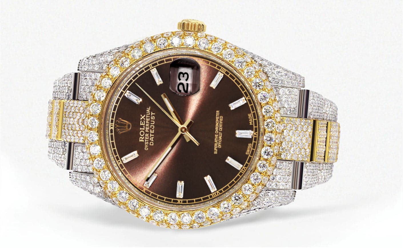 Diamond Iced Out Rolex Datejust 41 | 25 Carats Of Diamonds | Morocco Brown Dial | Two Tone | Two Row | Oyster Band - Image 2