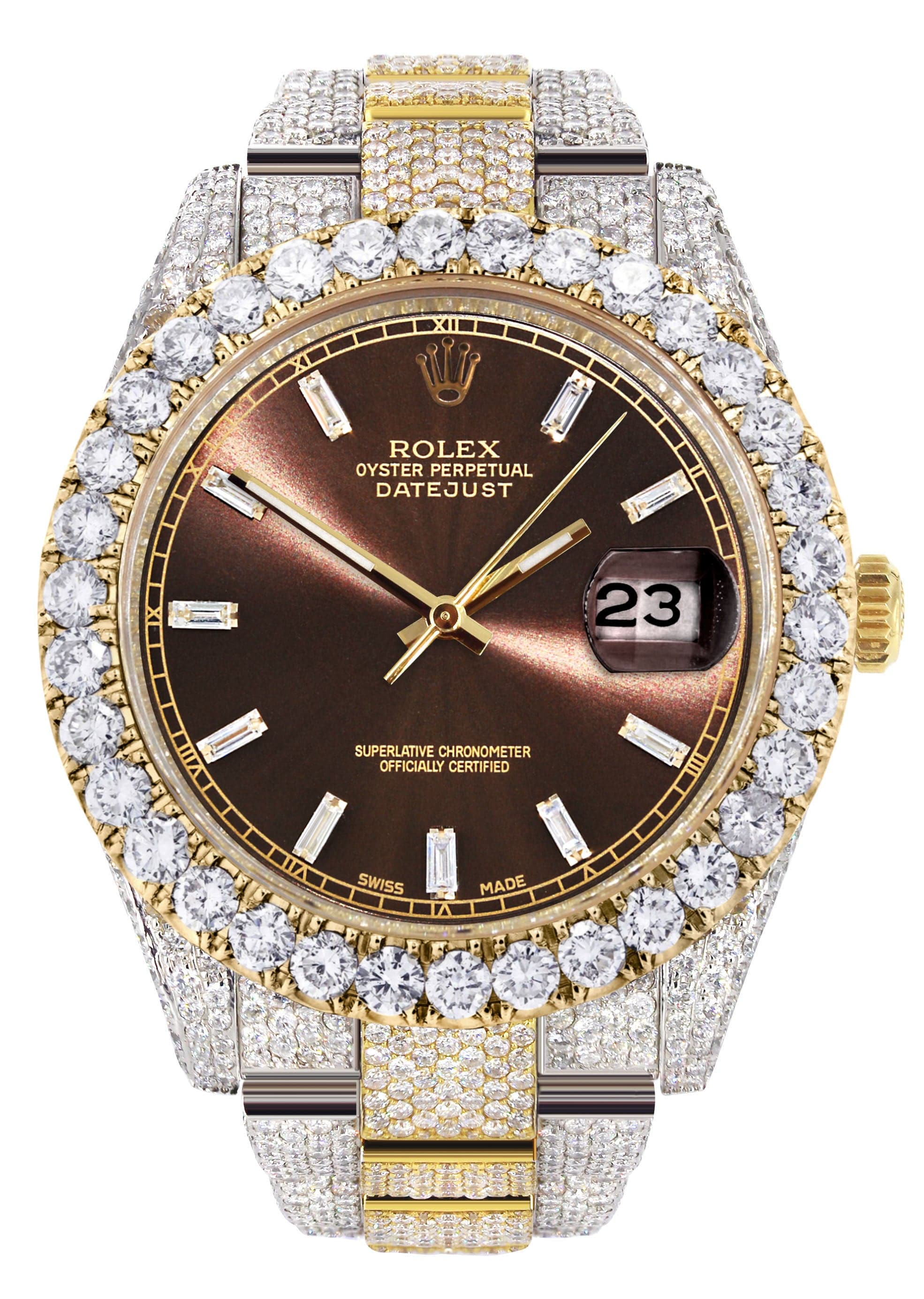 Diamond Iced Out Rolex Datejust 41 | 25 Carats Of Diamonds | Morocco Brown Diamond Dial | Two Tone | Oyster Band